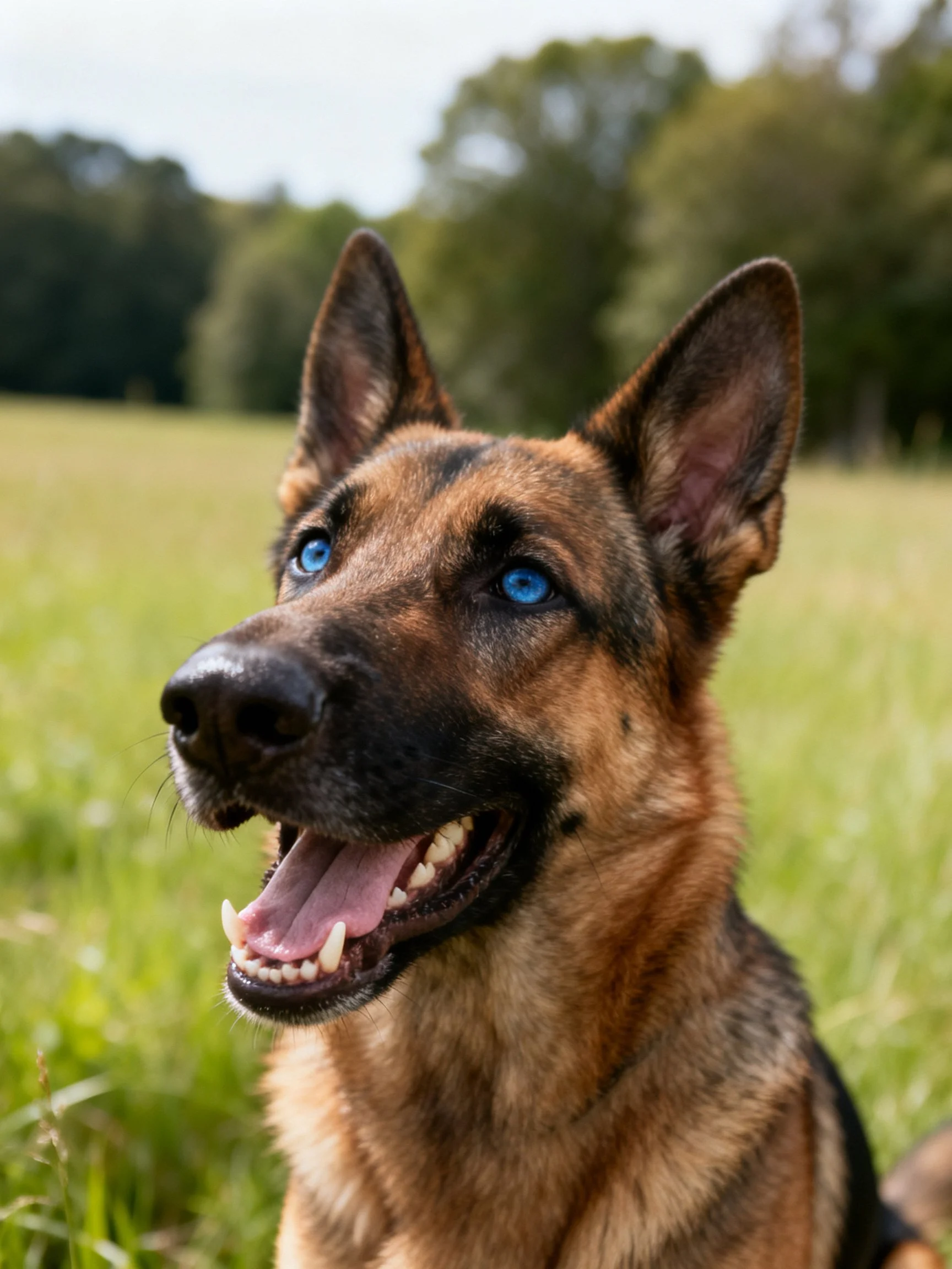 A German Shepherd with blue eyes enjoys a sunny day in an open field.
