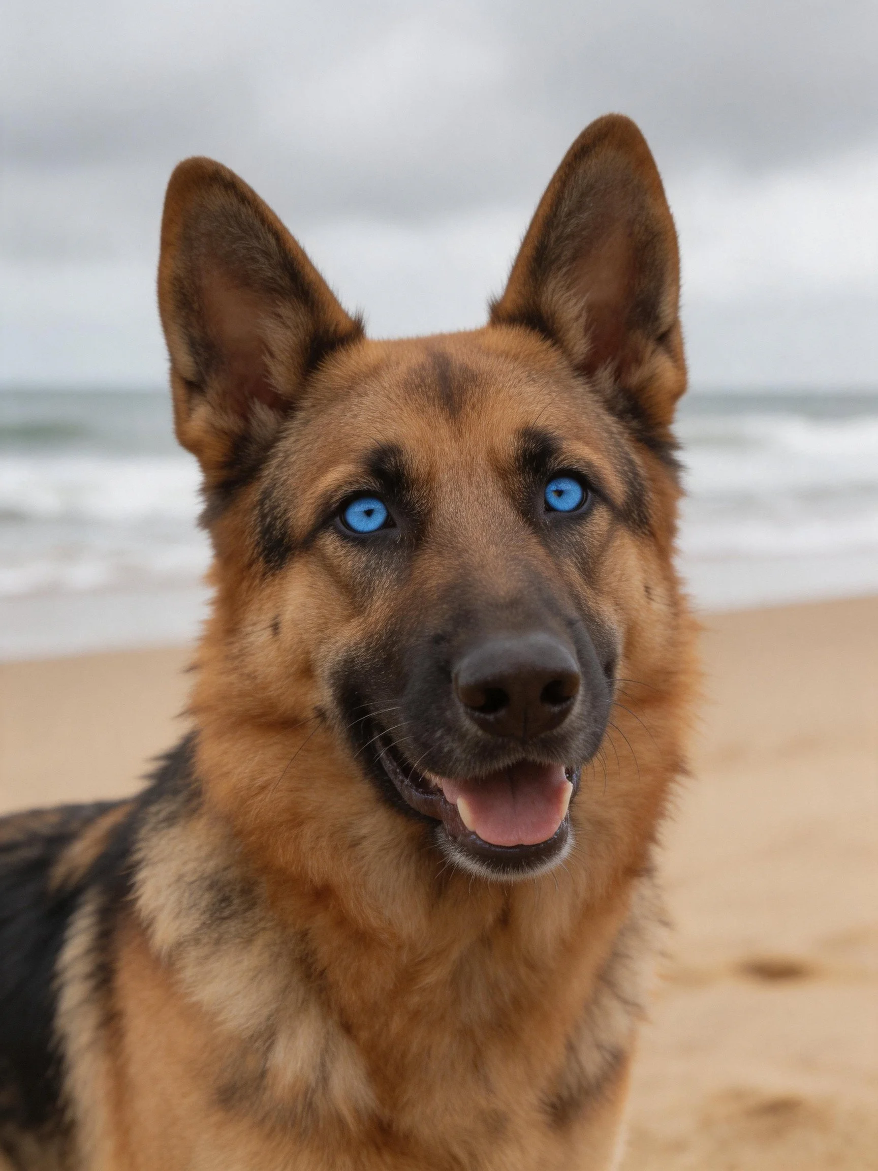 A German Shepherd with bright blue eyes on a sandy beach by the sea