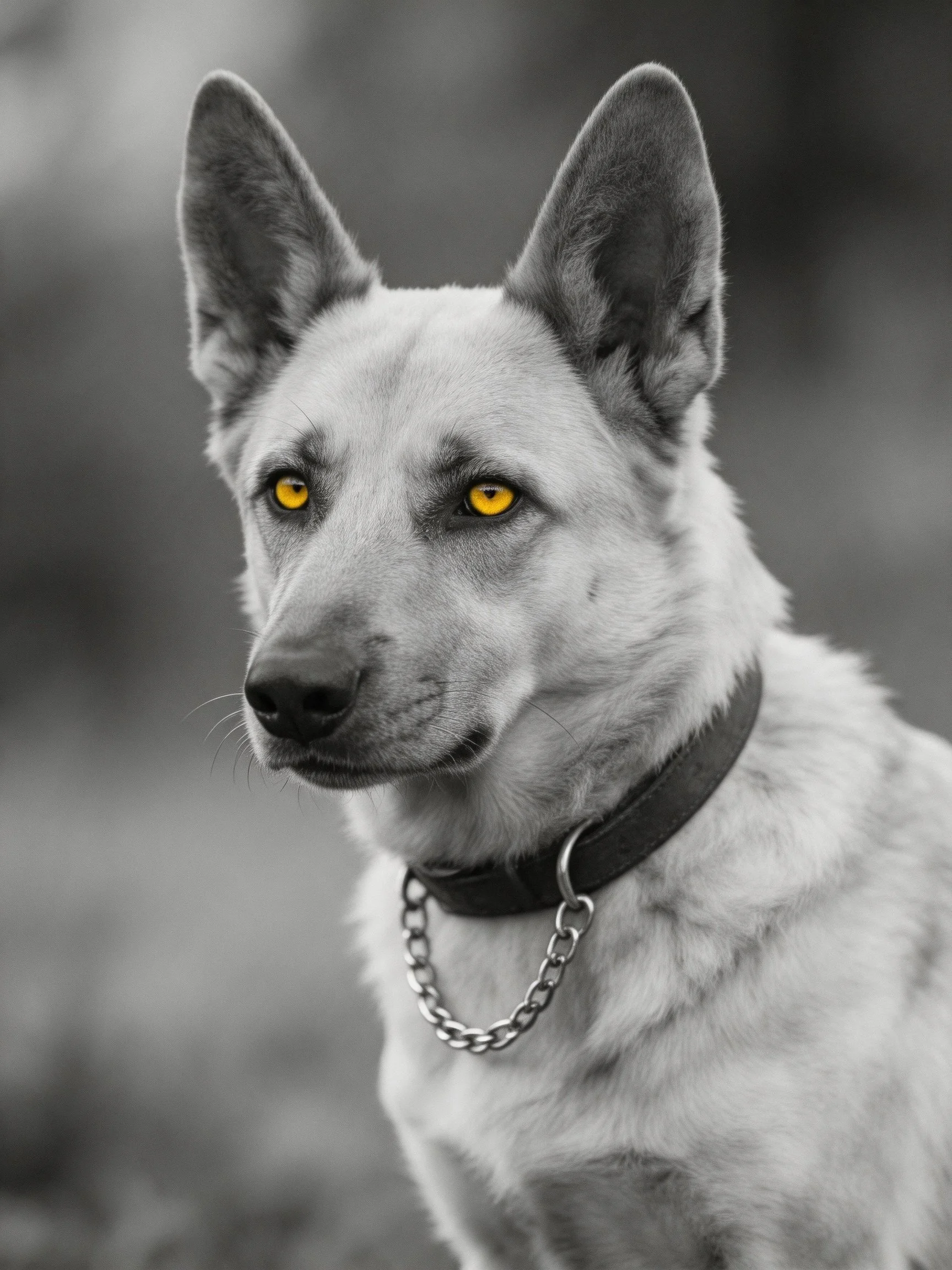 A German Shepherd with vivid yellow eyes contrasts against a grayscale backdrop.