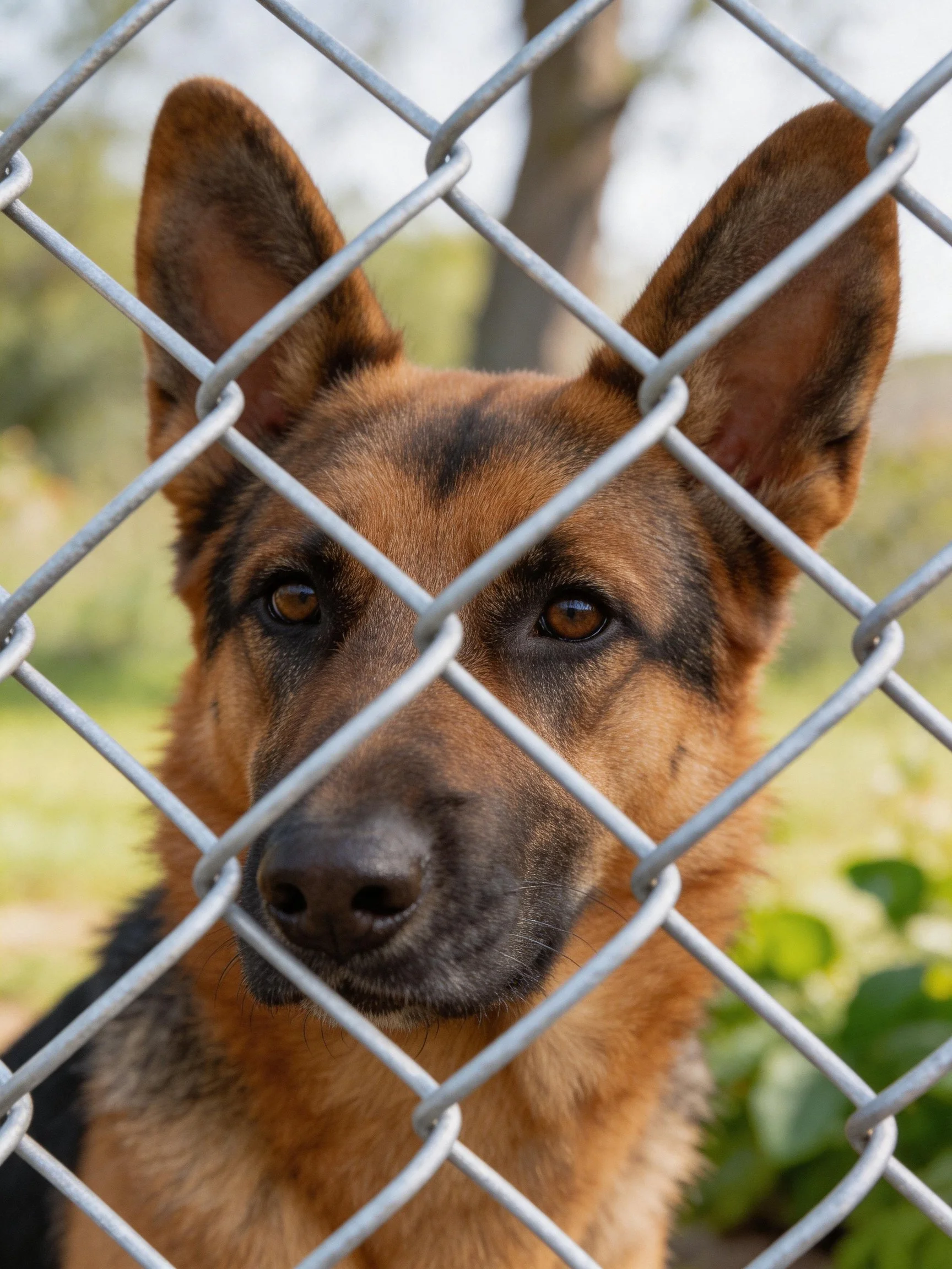 A German Shepherd stands behind a silver chain-link fence outdoors.