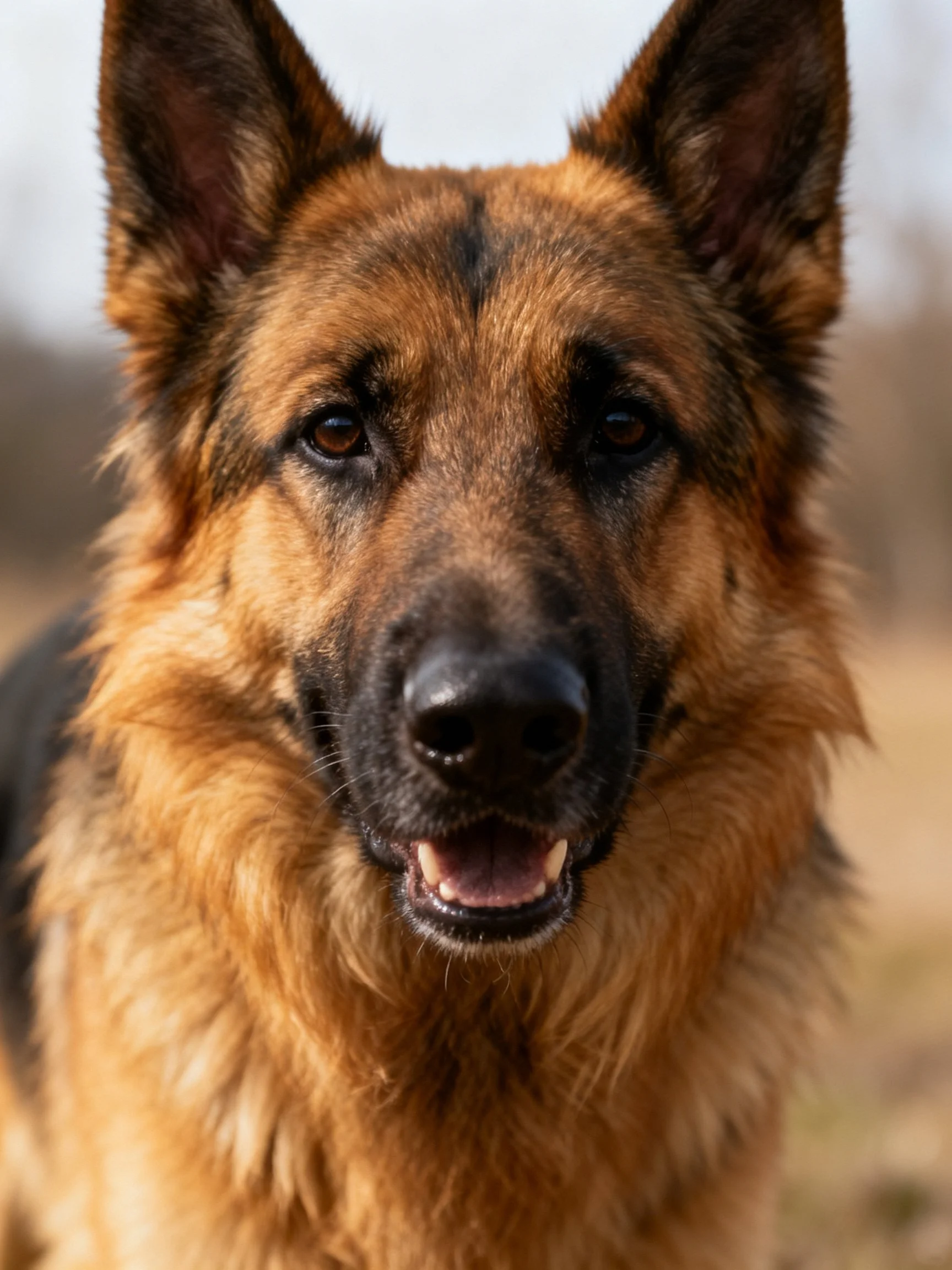 A German Shepherd with brown and black fur is photographed outdoors.