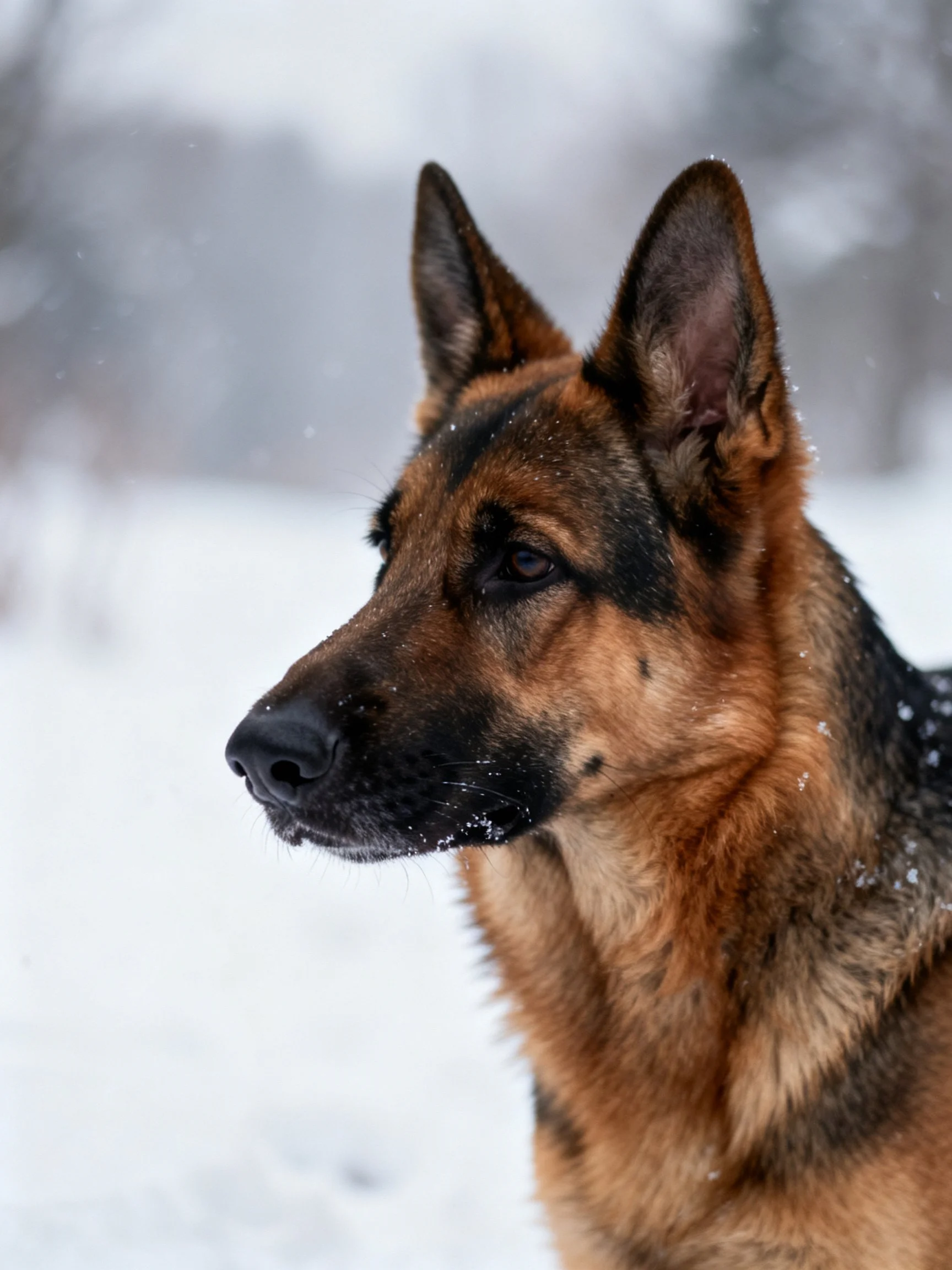 A German Shepherd stands alert amid falling snow in a wintry landscape.