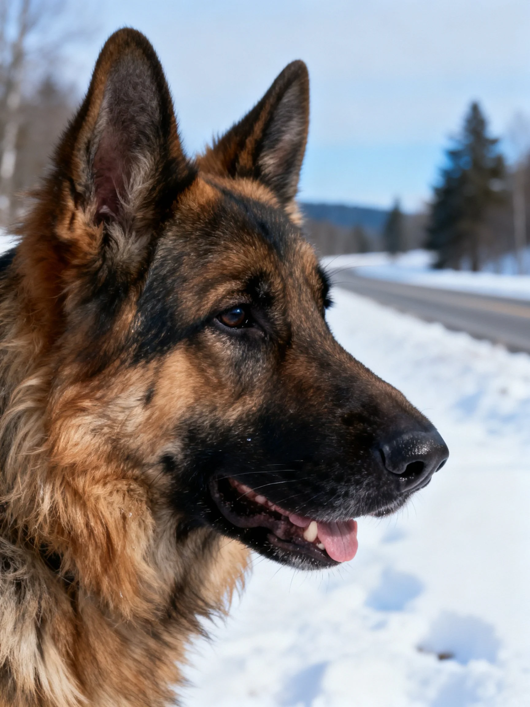 A German Shepherd stands alert in a snowy area with trees and a road.