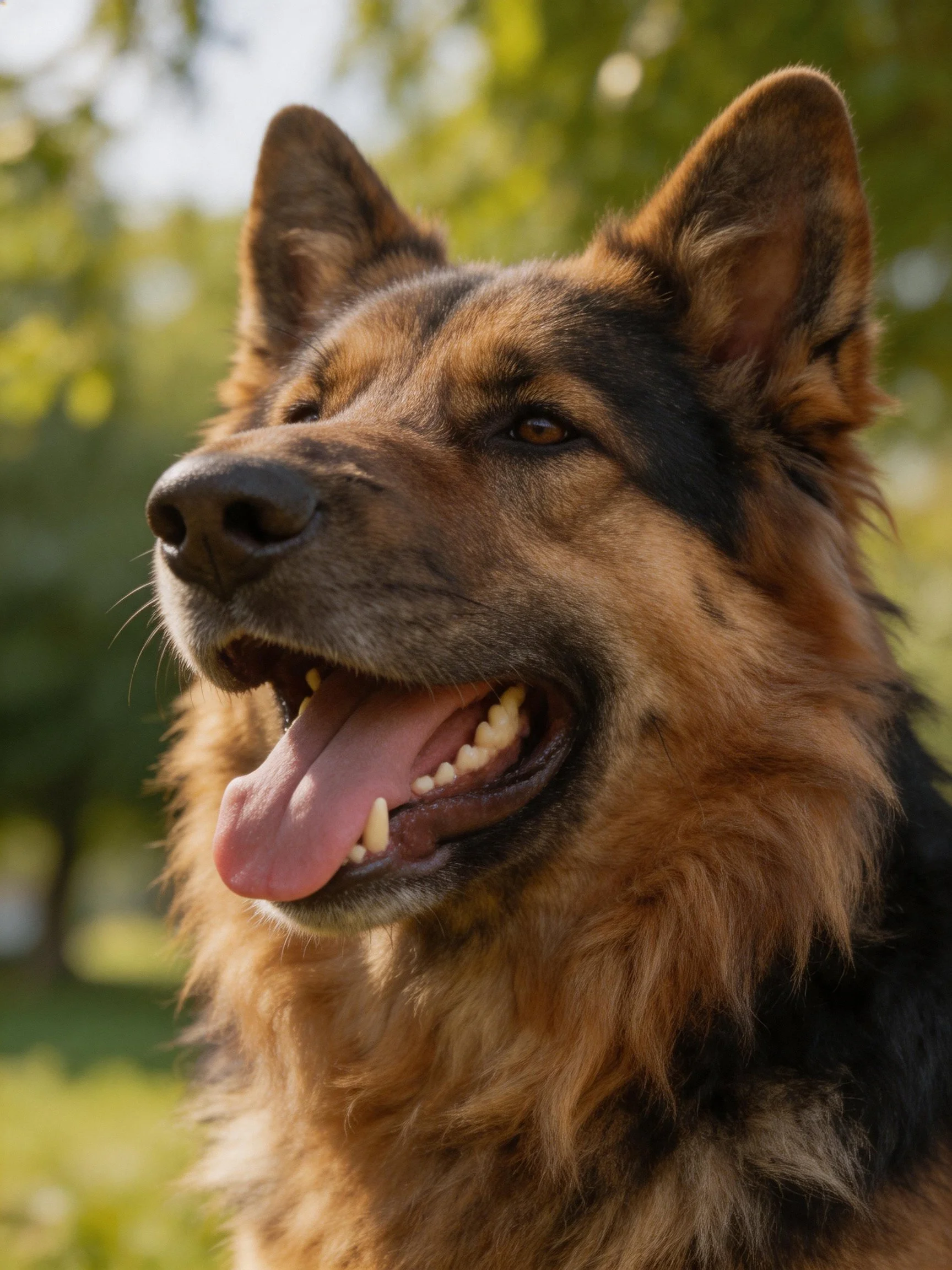 A German Shepherd enjoys the outdoors with its mouth open in a sunlit area.