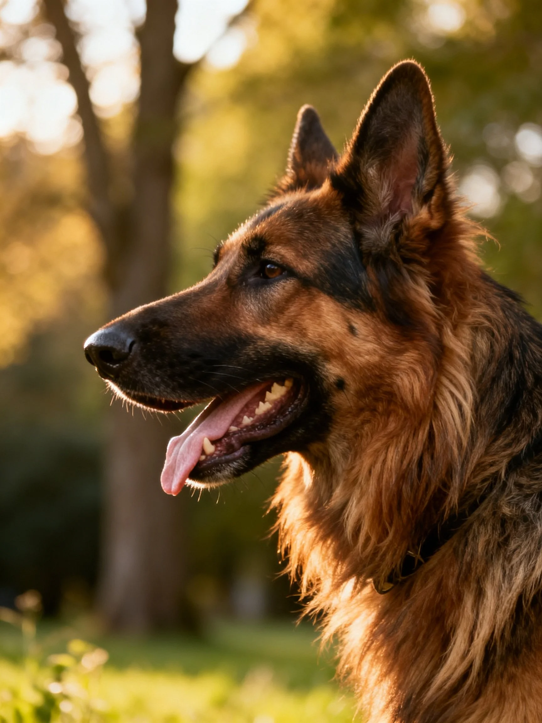 A German Shepherd stands alert in a sunlit natural setting.