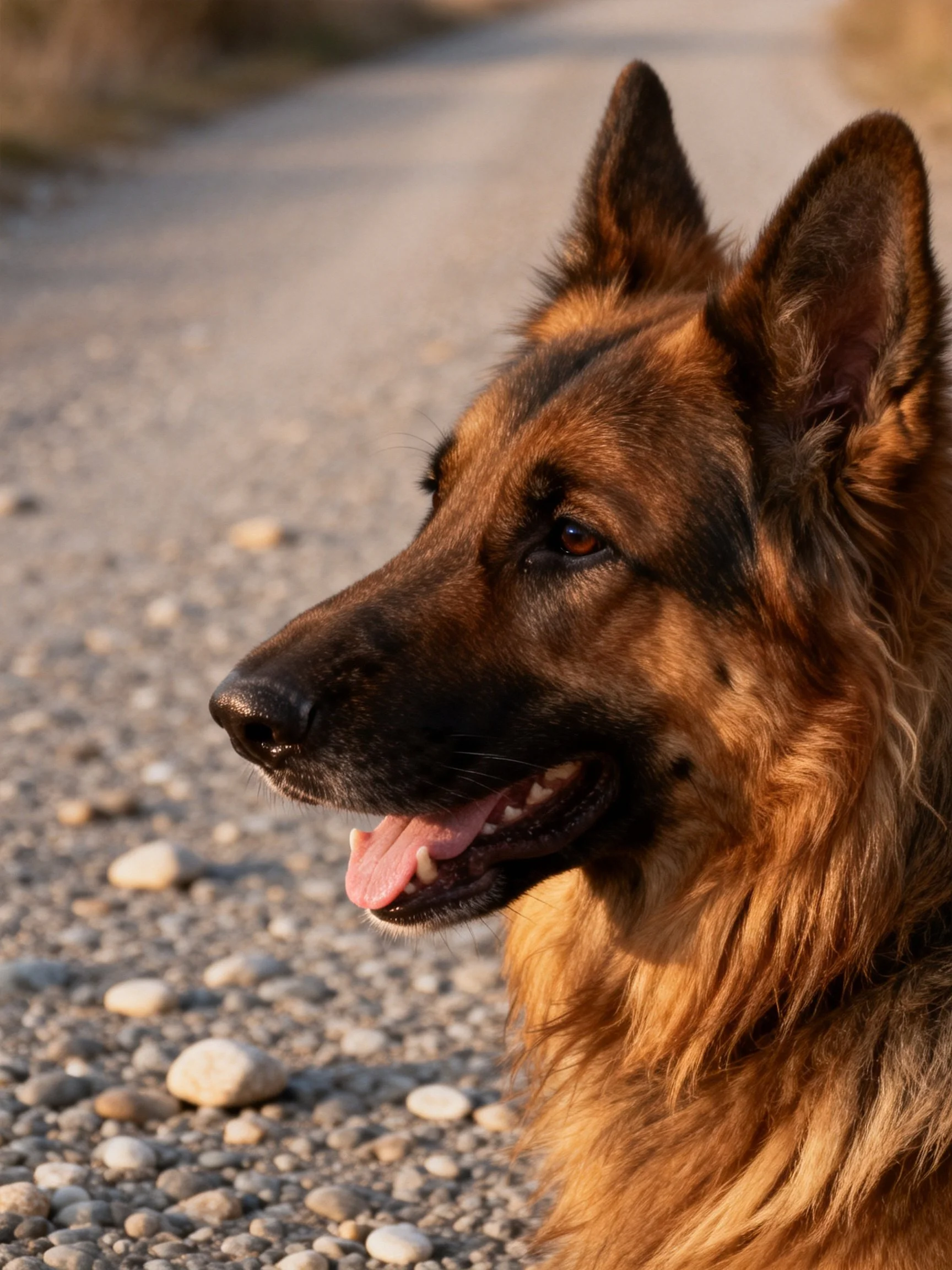 A German Shepherd with brown and black fur stands near a gravel path.
