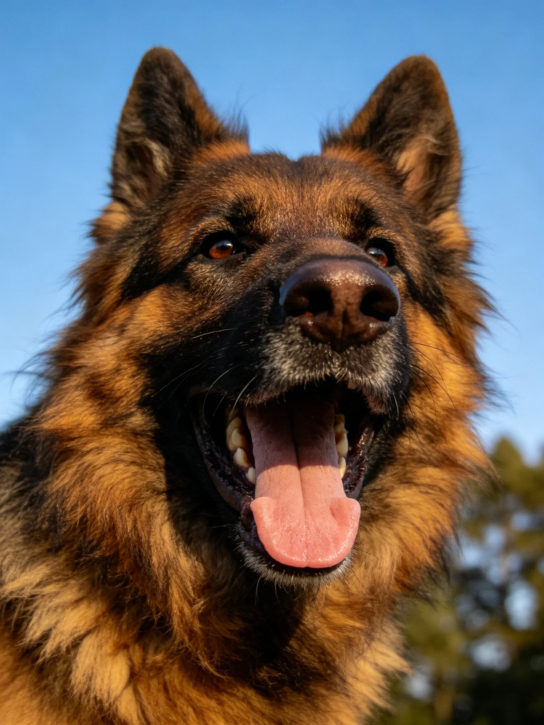 A German Shepherd is panting with tongue out against a clear blue sky.