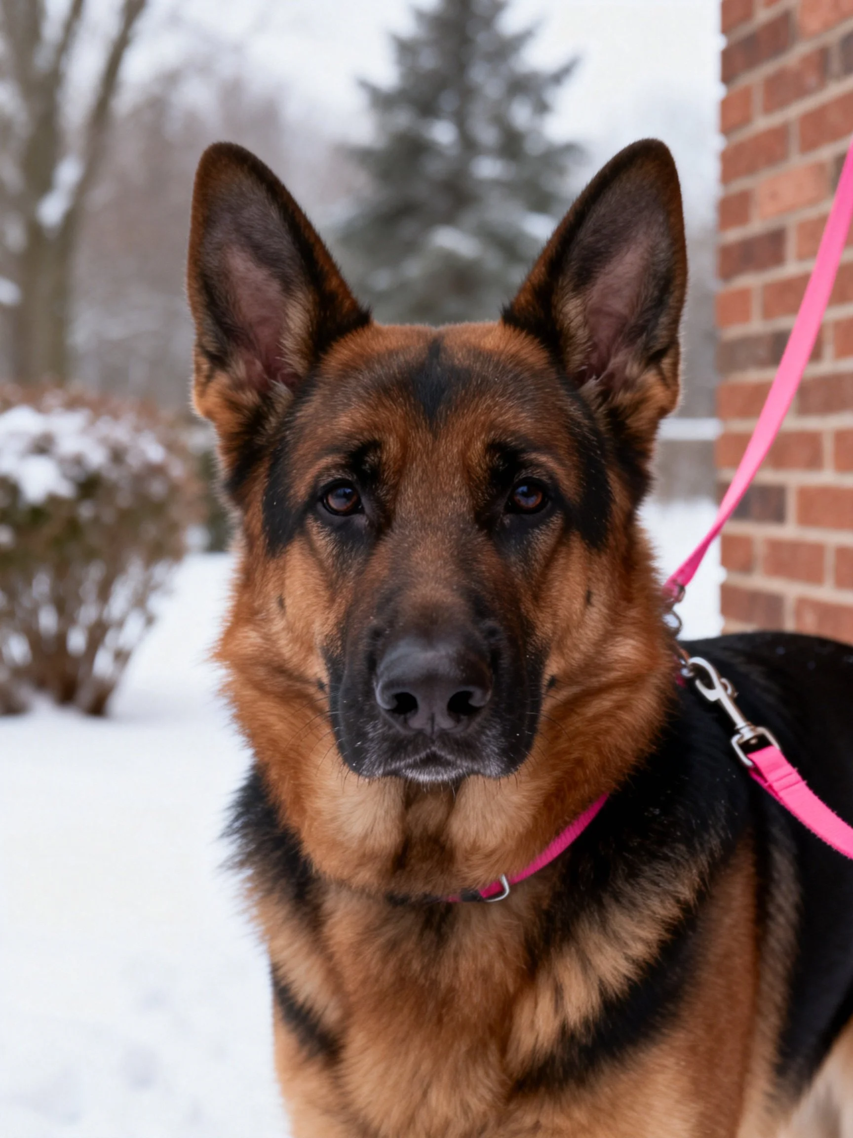 A German Shepherd with a pink leash stands in a snowy area near a brick structure.