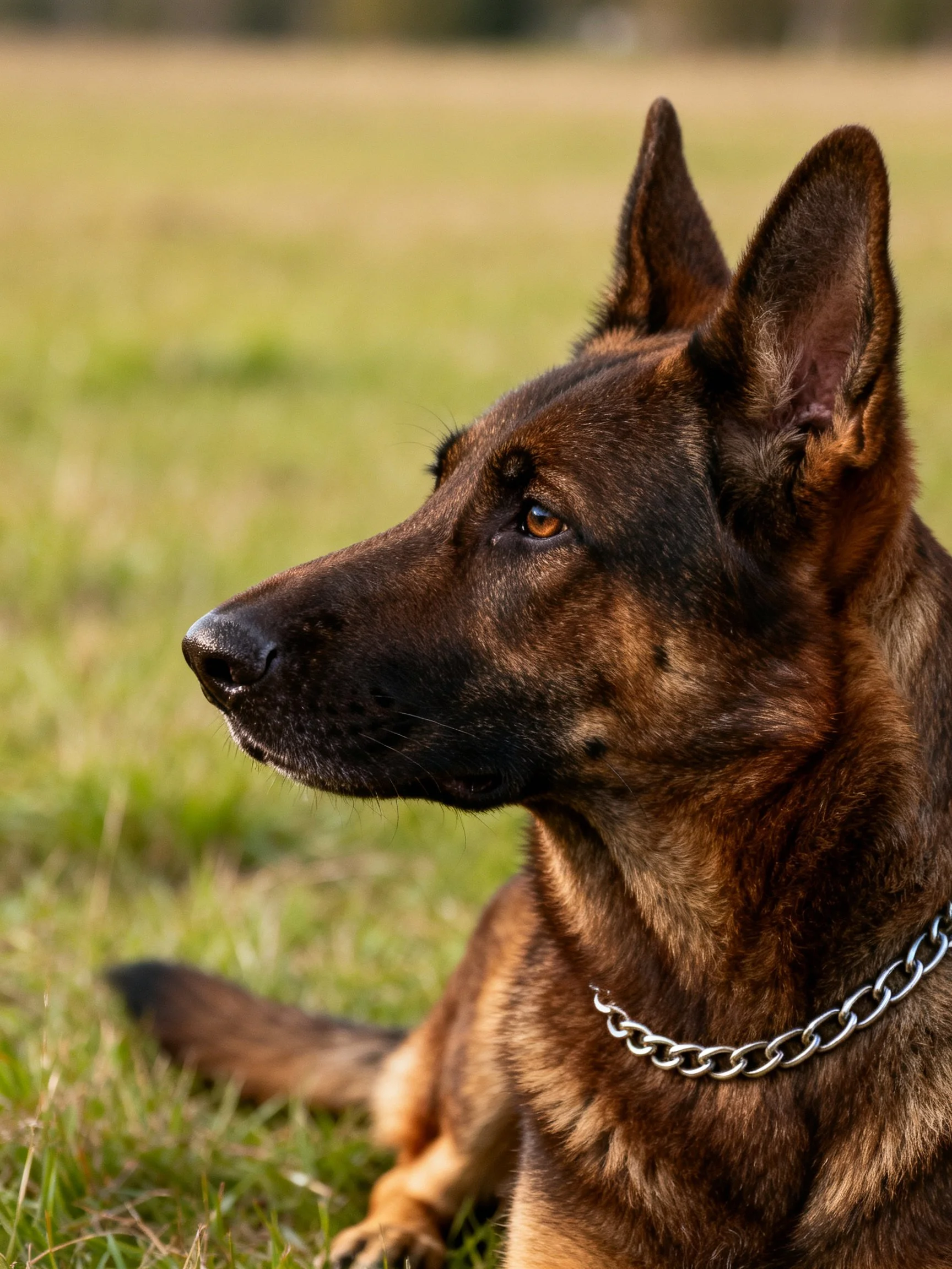 A German Shepherd lies calmly on green grass while wearing a silver chain collar.