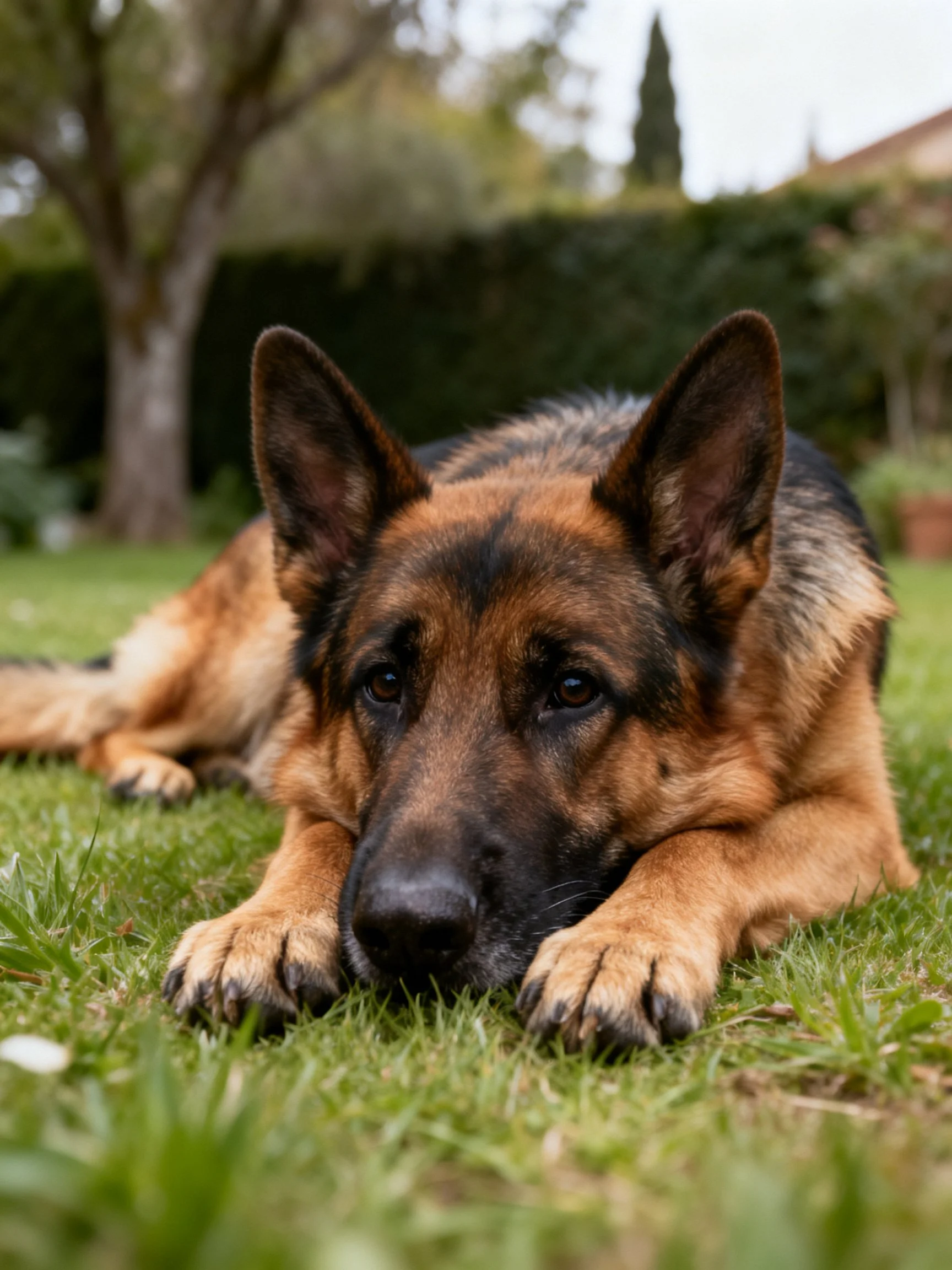 A German Shepherd relaxes on a grassy lawn surrounded by greenery.