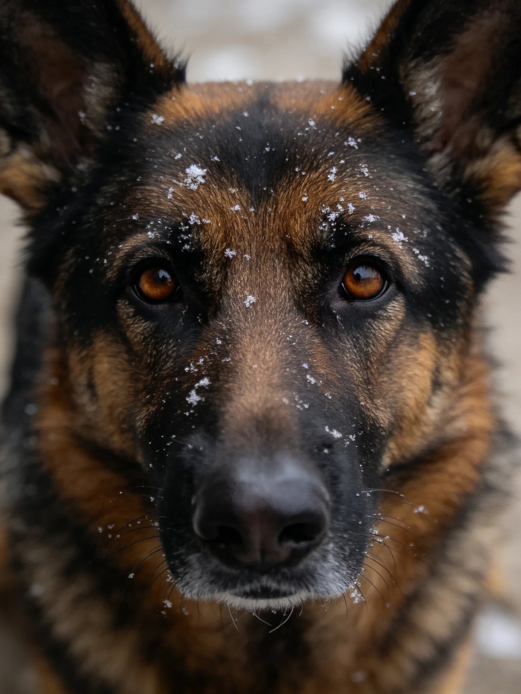 A German Shepherd with snowflakes on its face is shown up close.