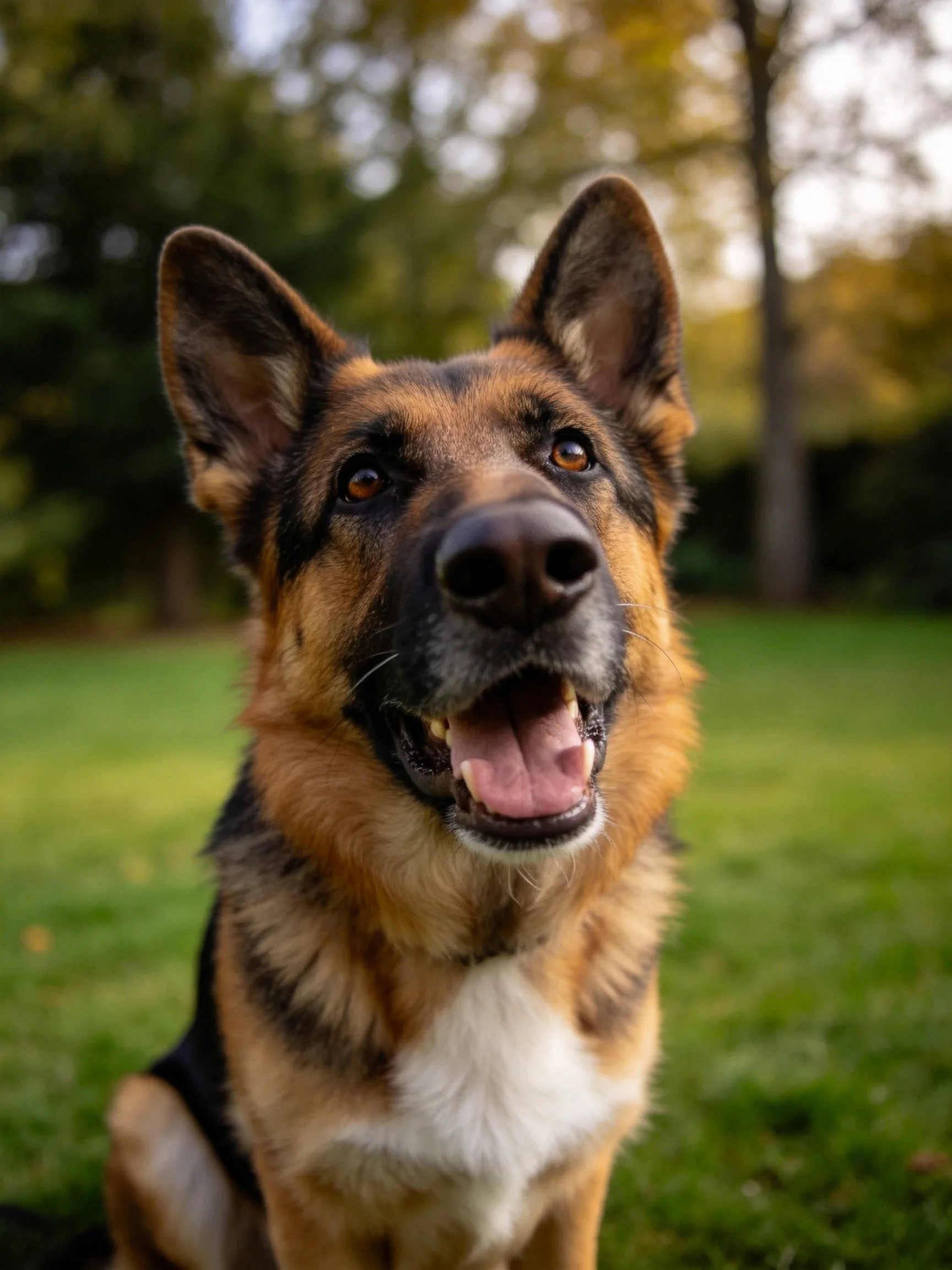 A German Shepherd relaxes on green grass in an outdoor area.