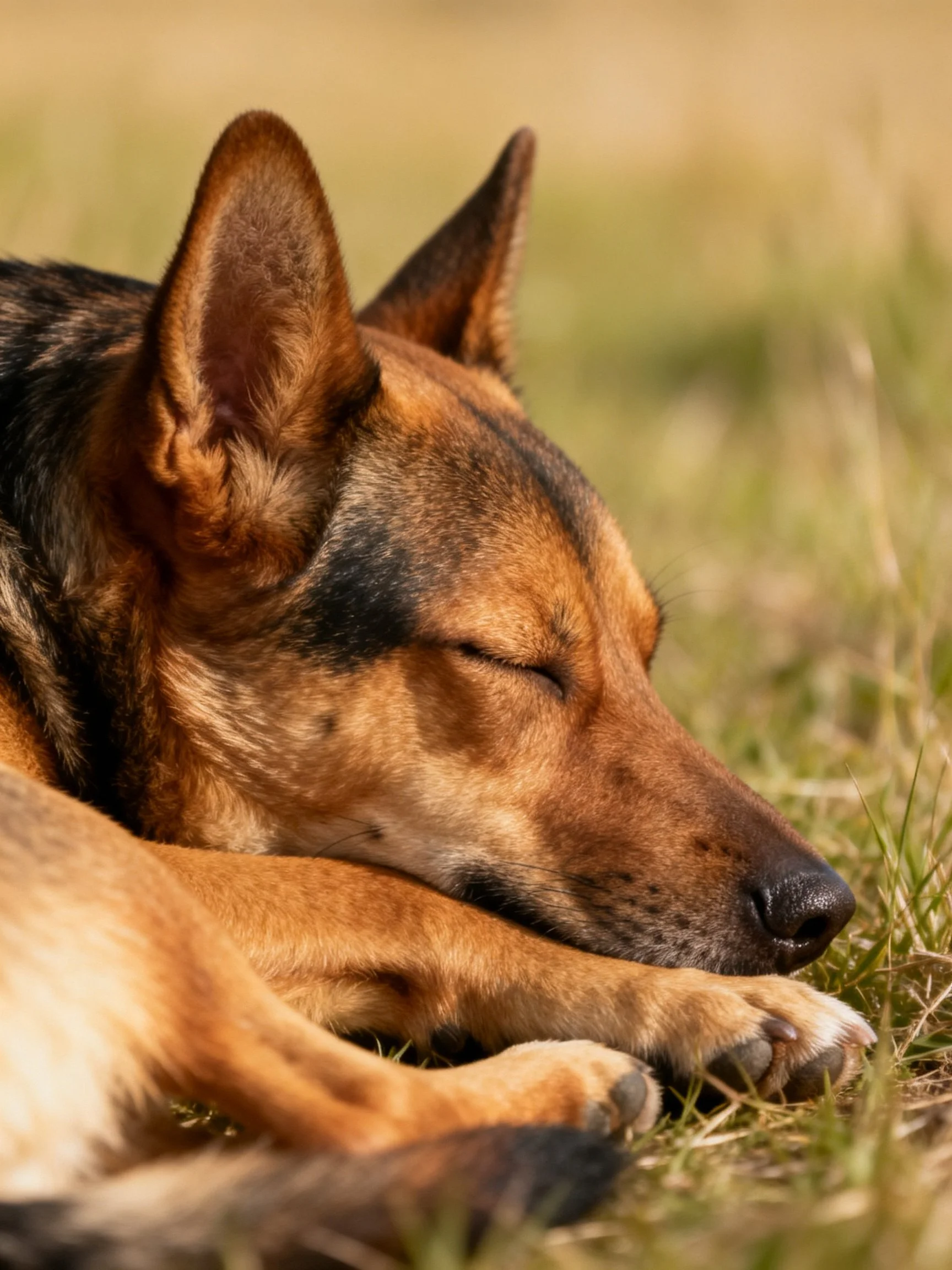 A German Shepherd rests comfortably while sleeping on grass in bright daylight.