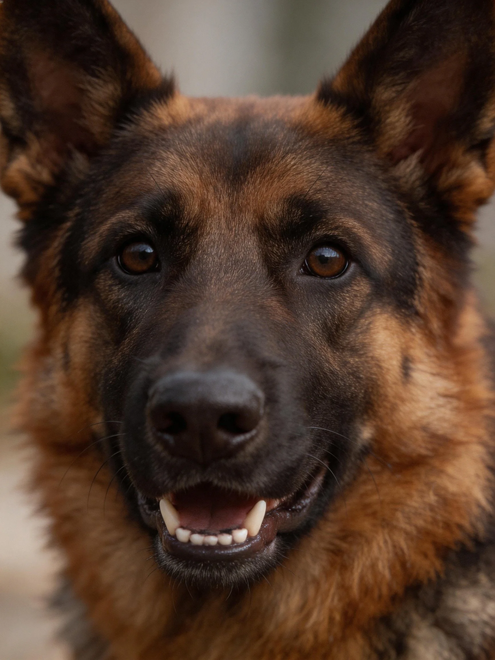 A close - up of a German Shepherd displaying a friendly facial expression.