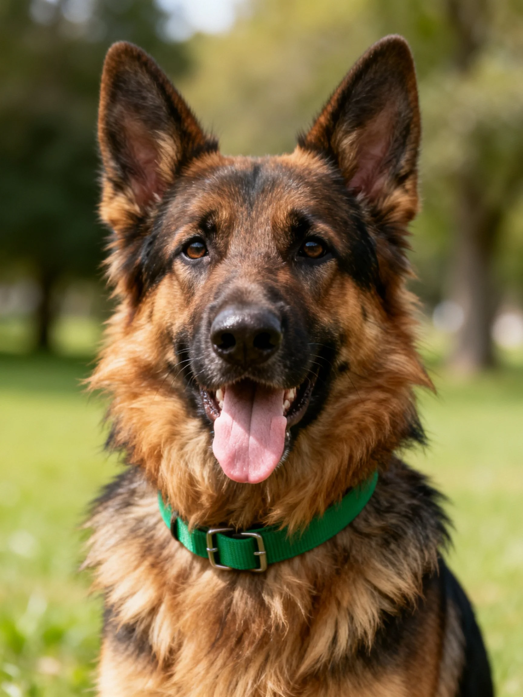 A German Shepherd with a green collar is photographed outdoors.