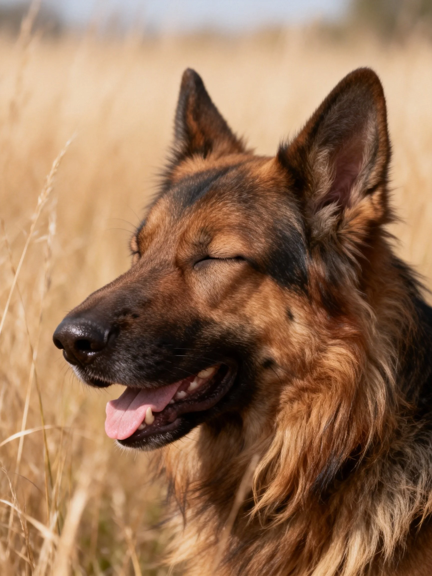 A German Shepherd relaxes contentedly among tall golden grass.