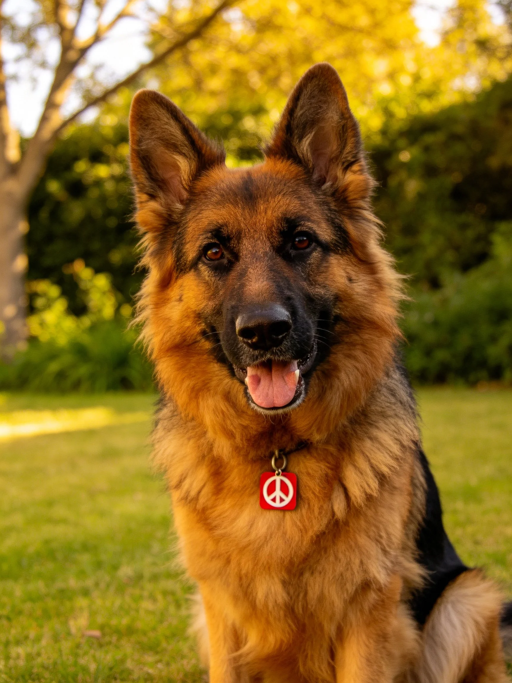 A German Shepherd enjoys a sunny day in a lush park with a peace sign tag.