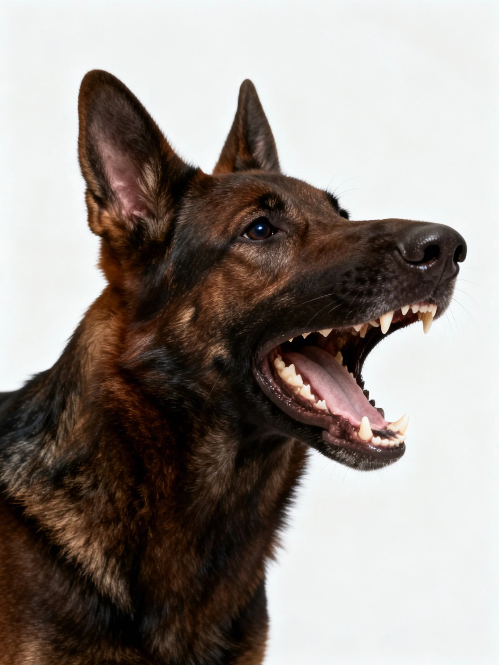 A German Shepherd stands alert with mouth open.