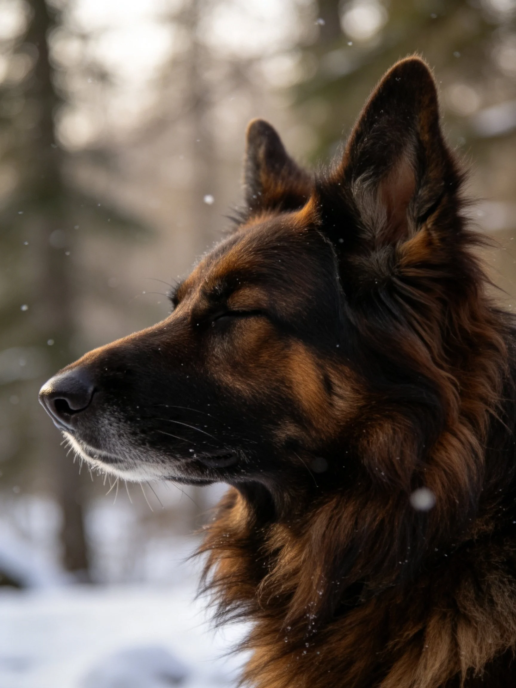 A German Shepherd with closed eyes stands in a snowy forest setting.
