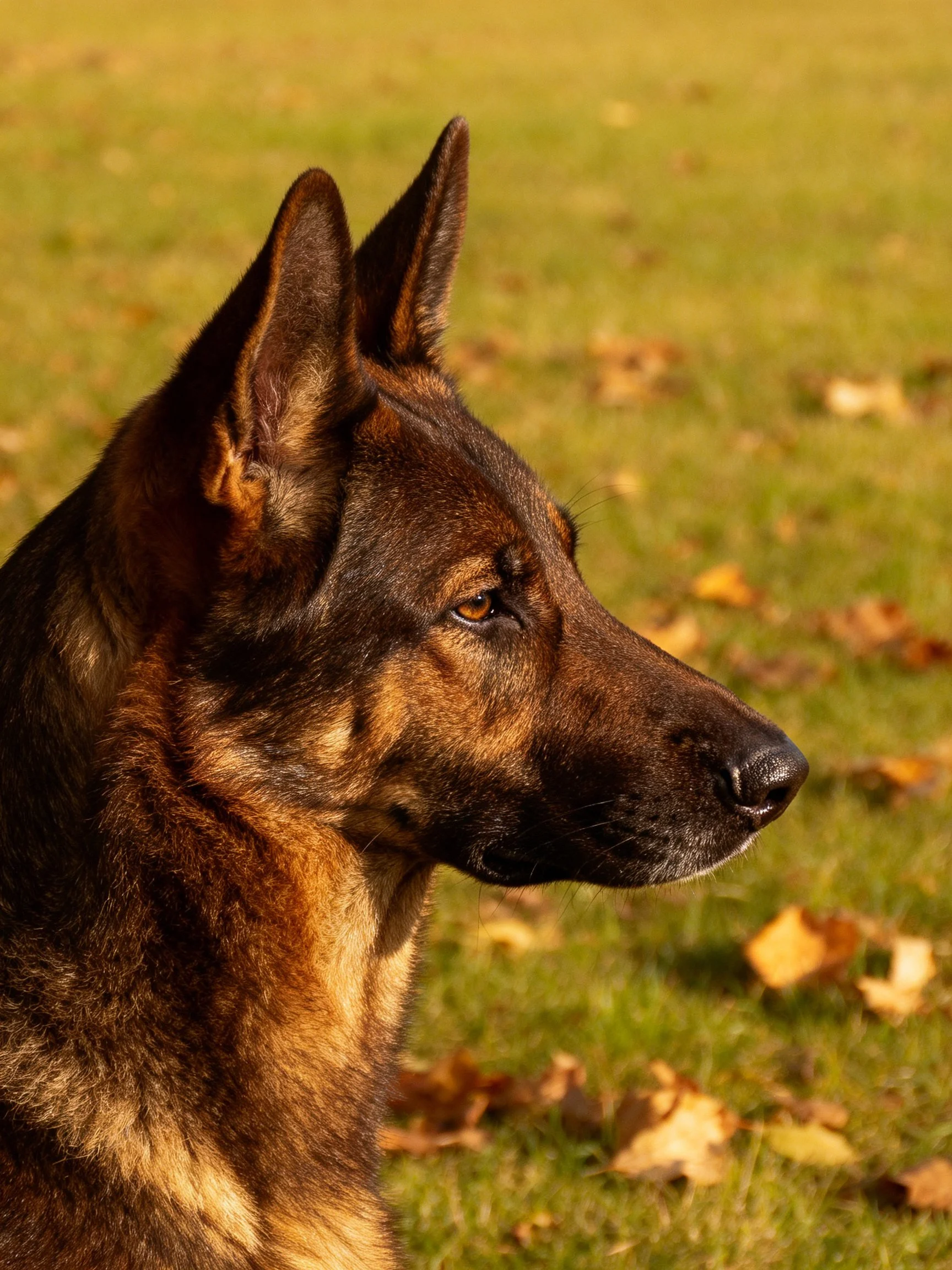 A German Shepherd gazes into the distance among autumn leaves and grass.