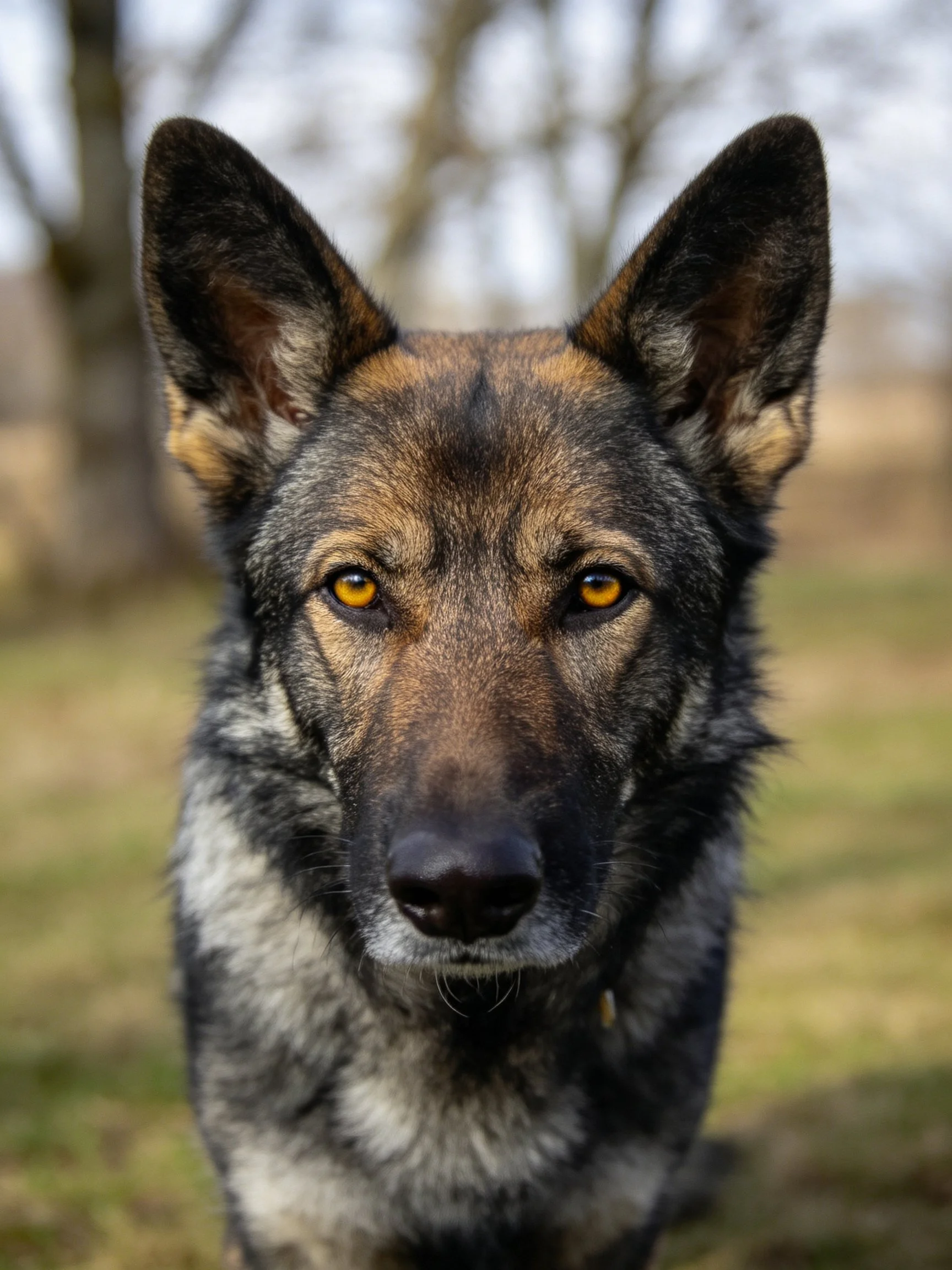 A German Shepherd with amber eyes stands alert outdoors.