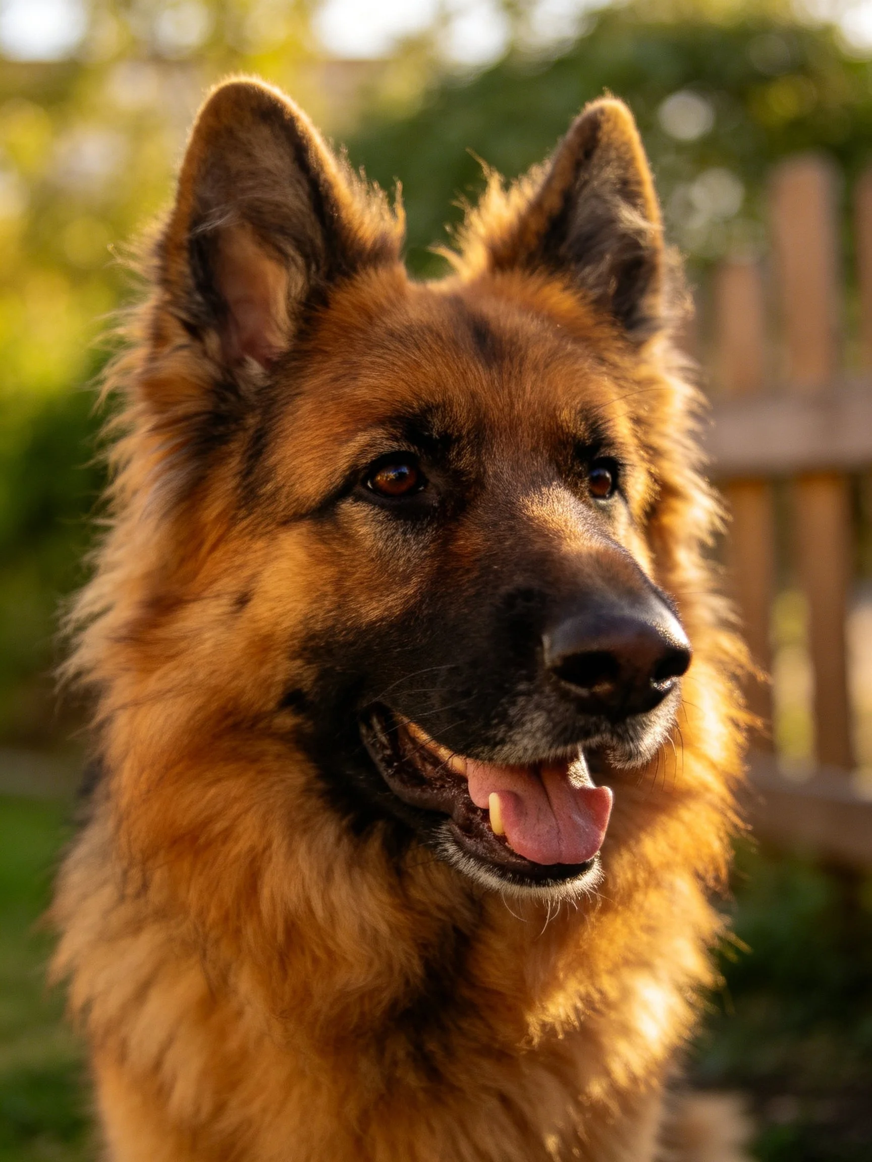 A German Shepherd with golden-brown fur in a sunlit outdoor setting