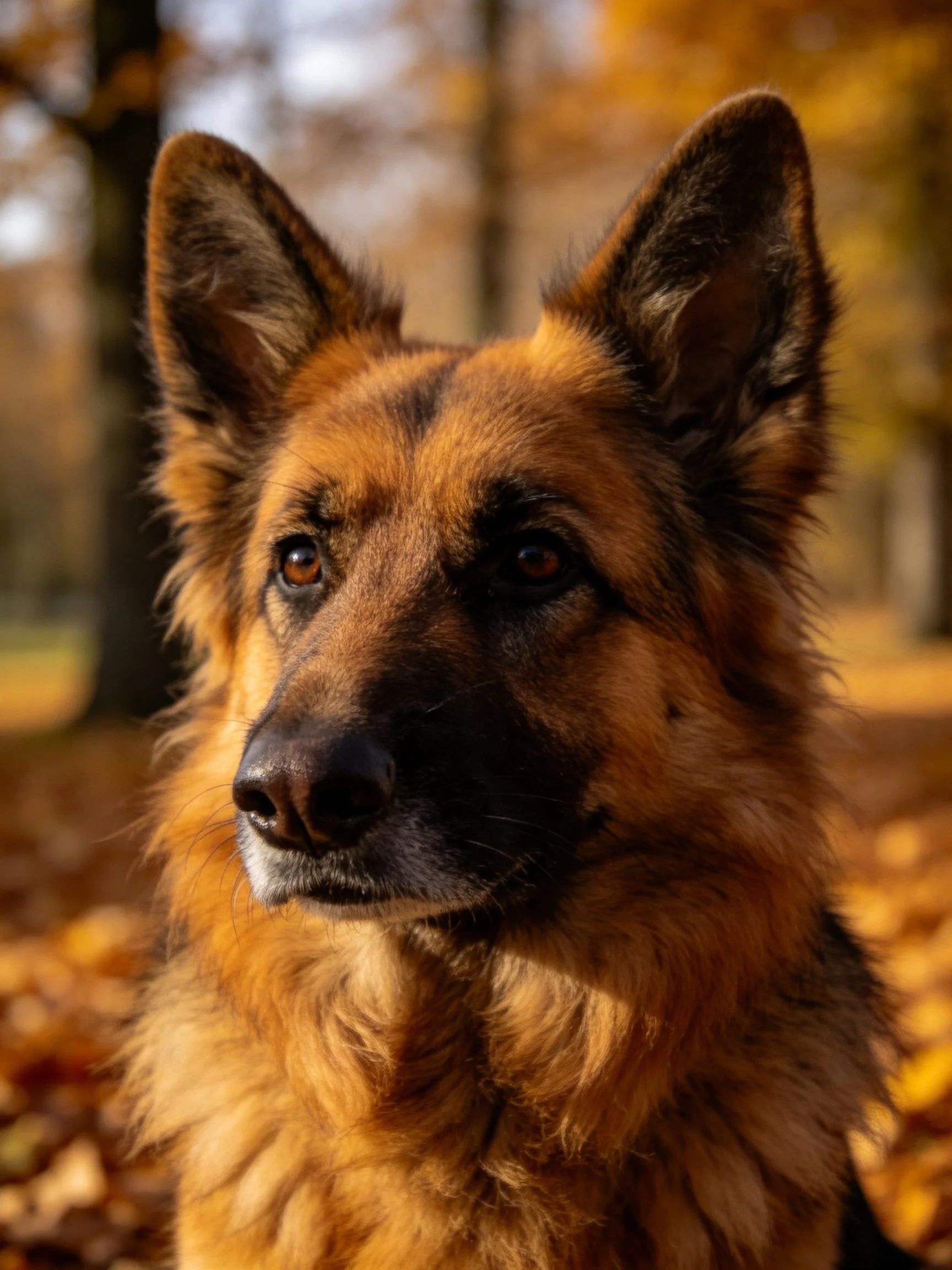A close - up of a German Shepherd with golden - brown fur in an autumnal setting.