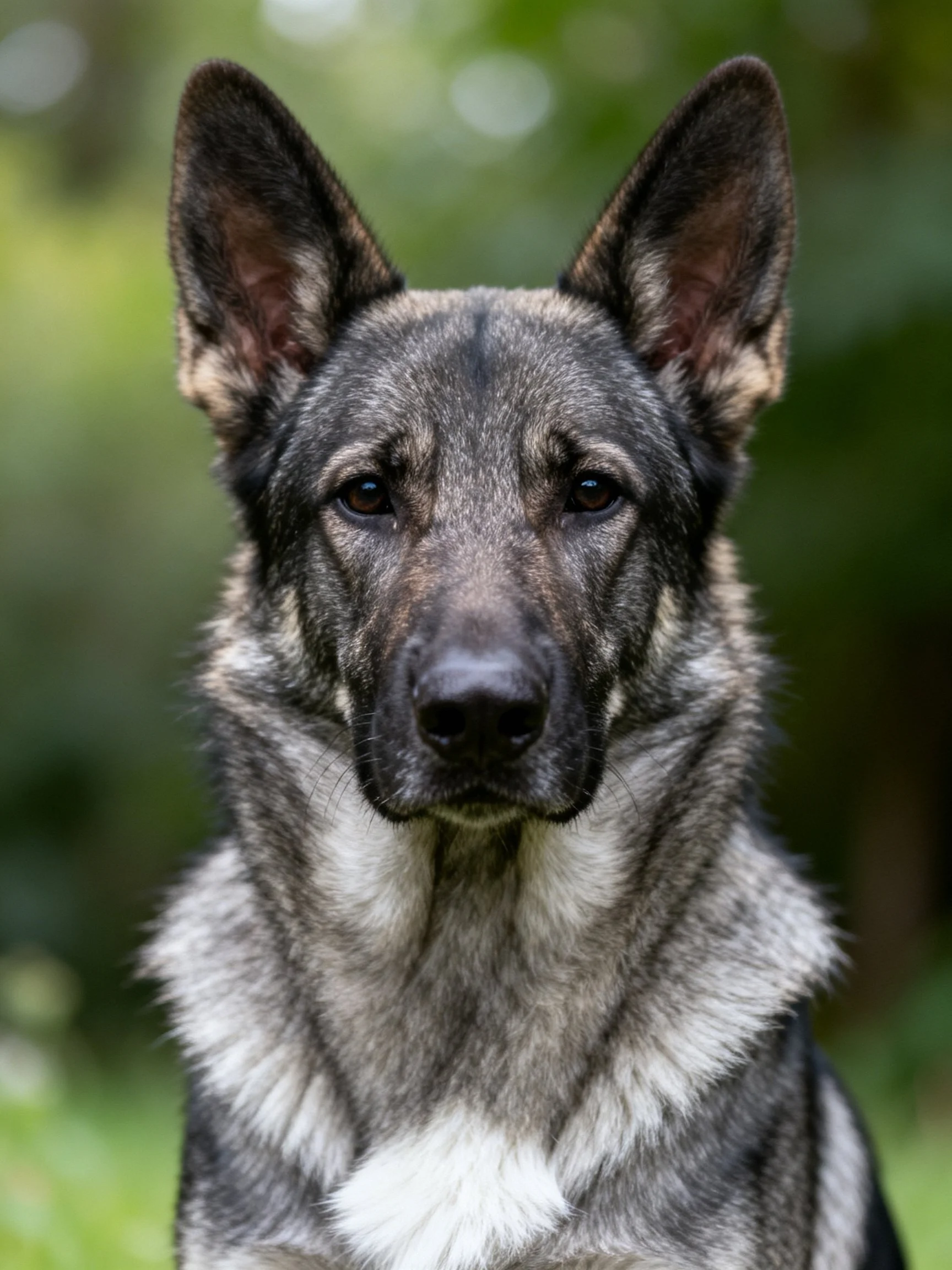 A close-up portrait of a German Shepherd with varied fur colors.