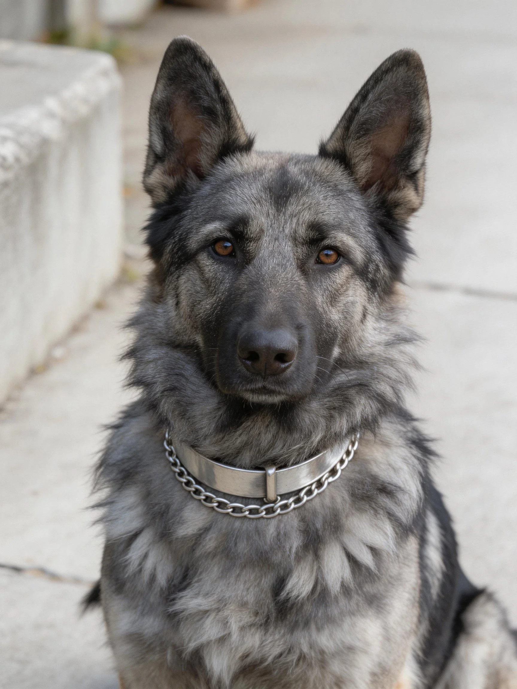 A German Shepherd with gray and black fur wearing a metal chain collar