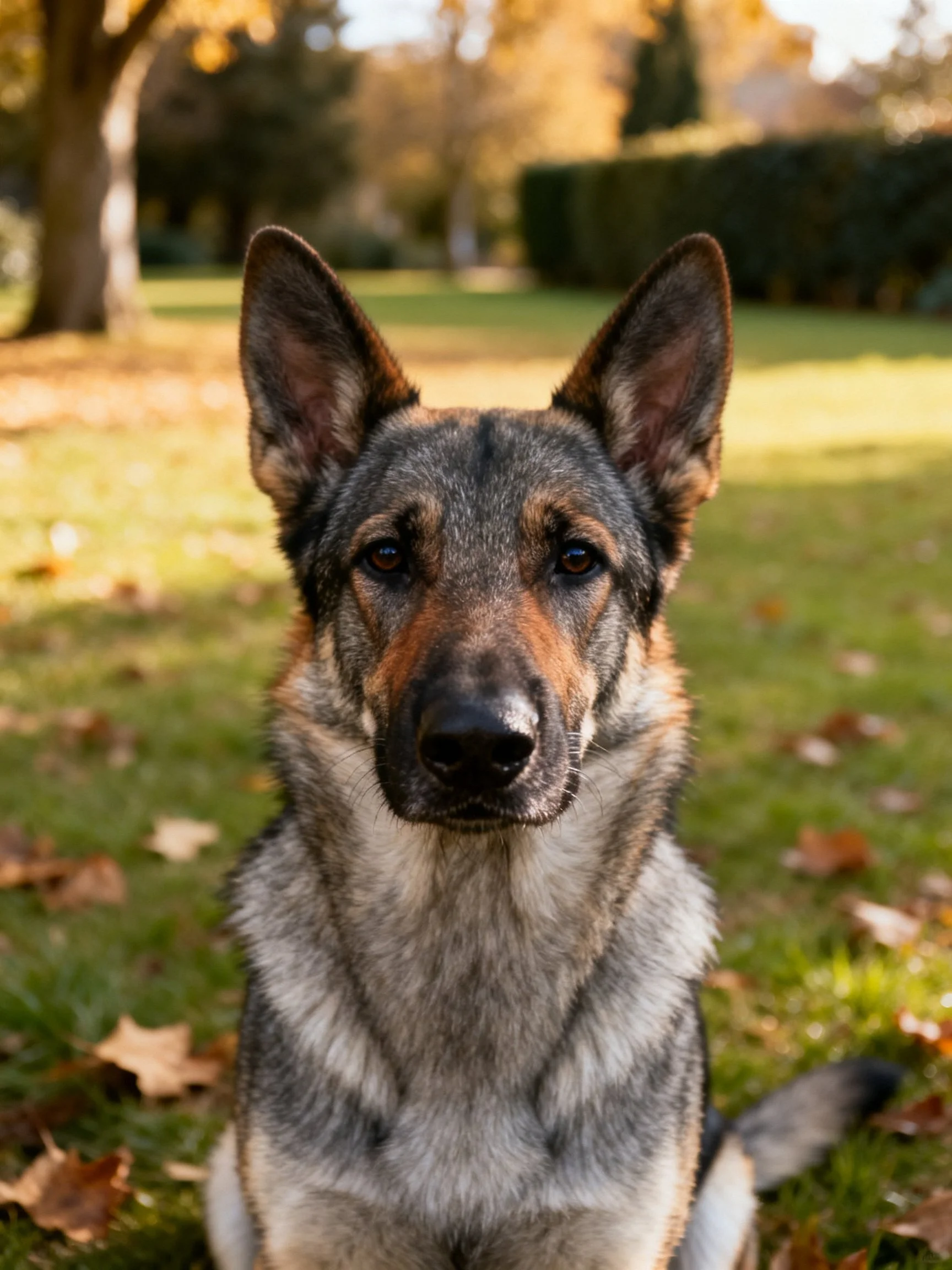 A German Shepherd sits calmly in a sunlit park with fallen leaves.
