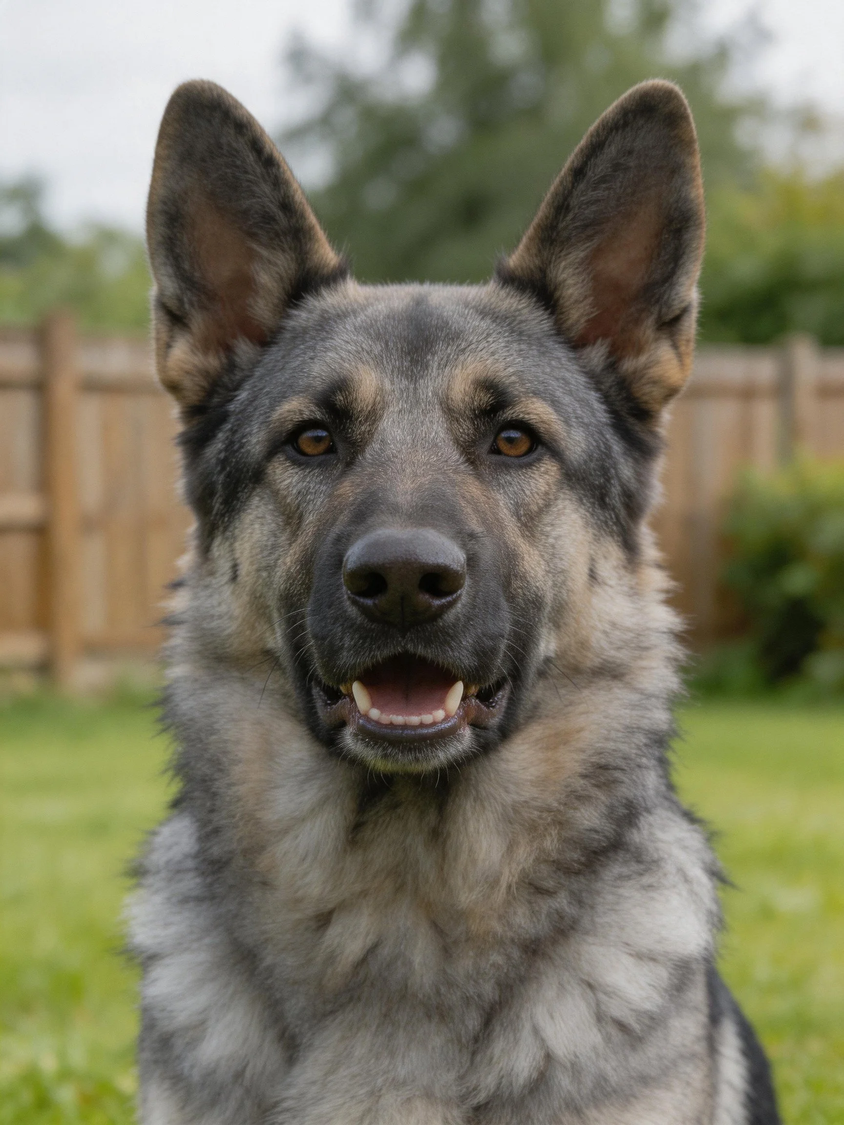 A German Shepherd with gray, black, and tan fur stands in a backyard with greenery and a wooden fence.