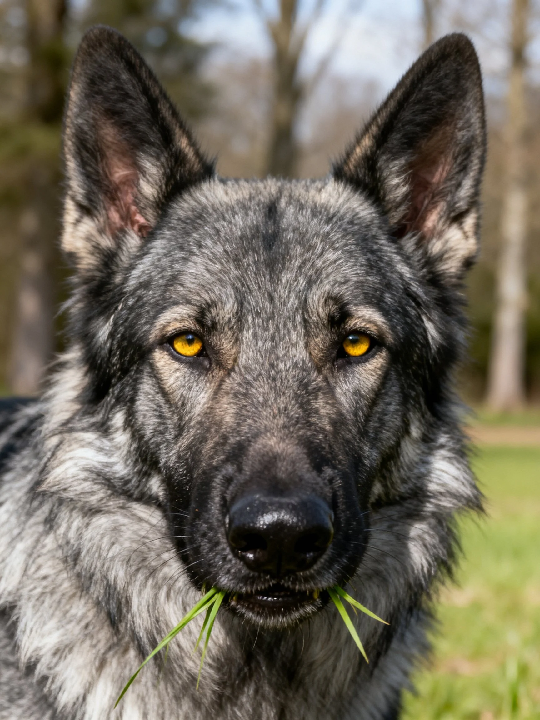 A German Shepherd with gray - black fur and yellow eyes holding grass outdoors