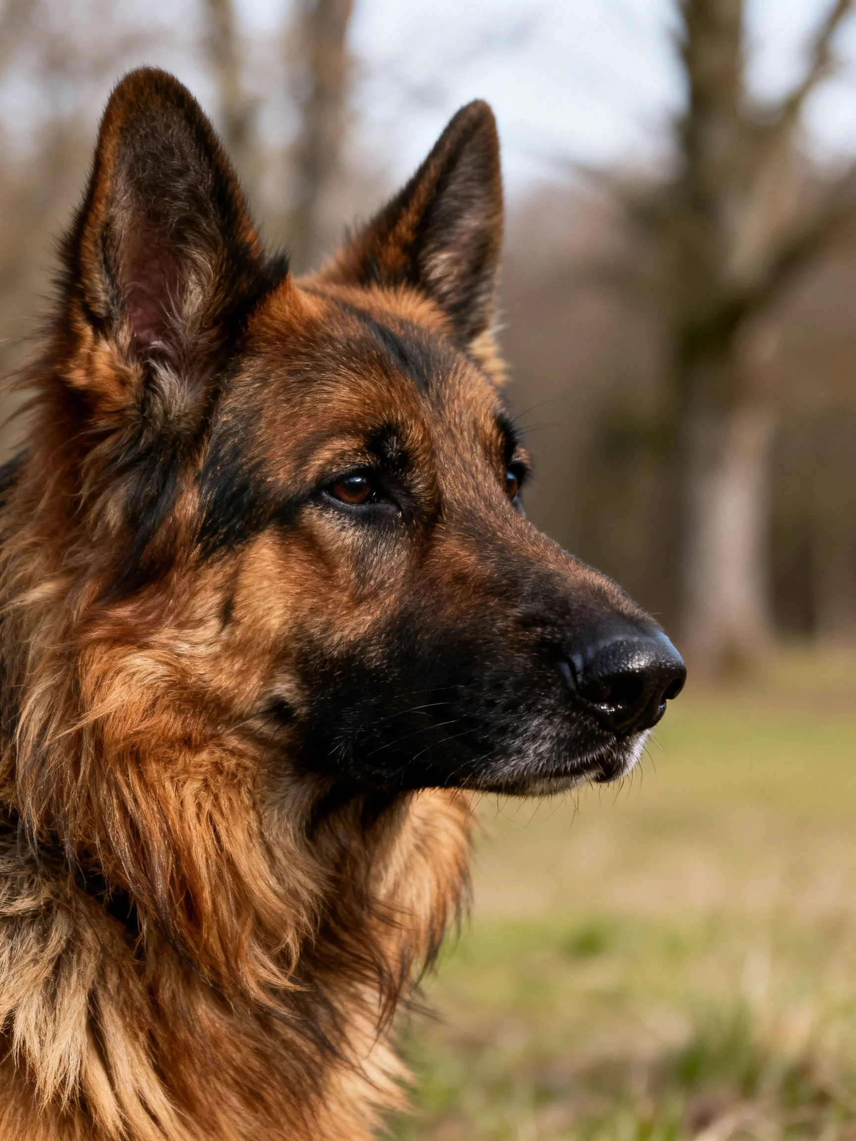 A German Shepherd with long brown and black fur looks intently into the distance outdoors.