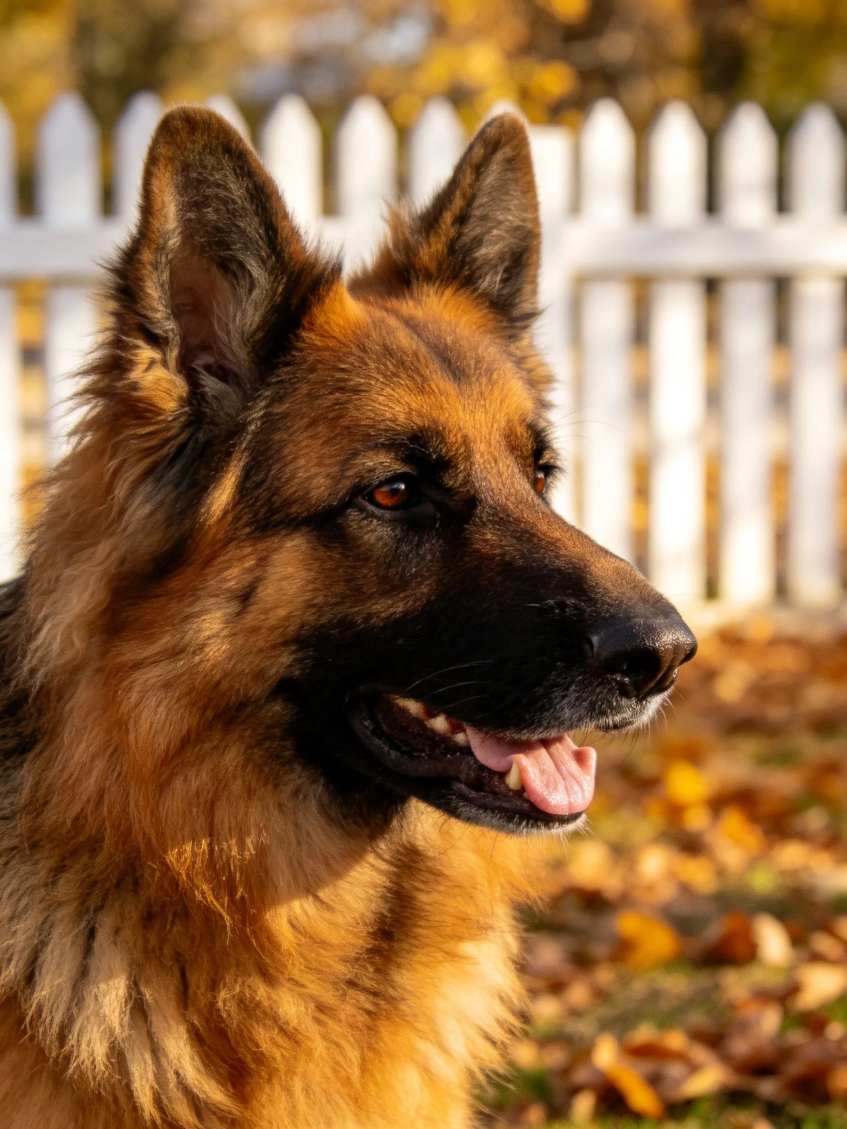 A German Shepherd stands near a white picket fence with fallen autumn leaves.