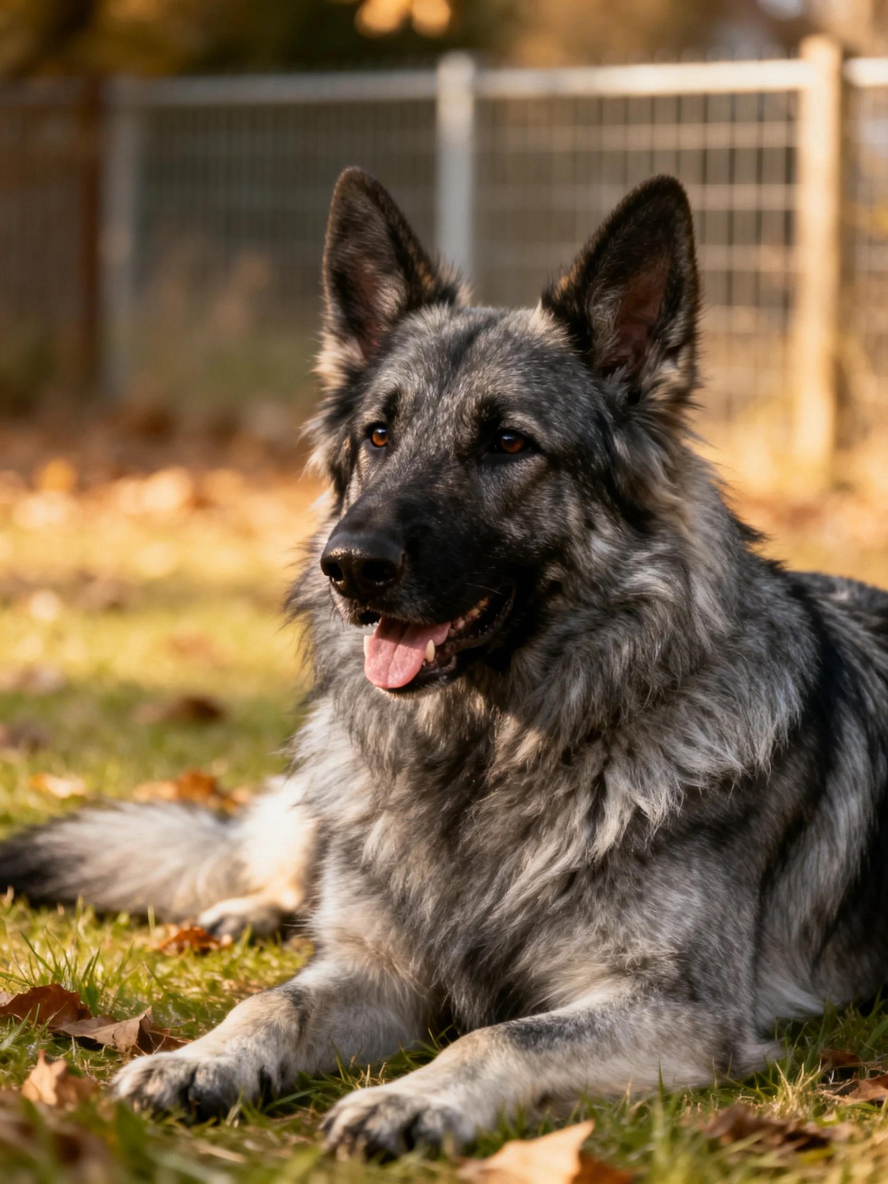 A German Shepherd with long gray fur relaxes on grass among fallen leaves and a fence.