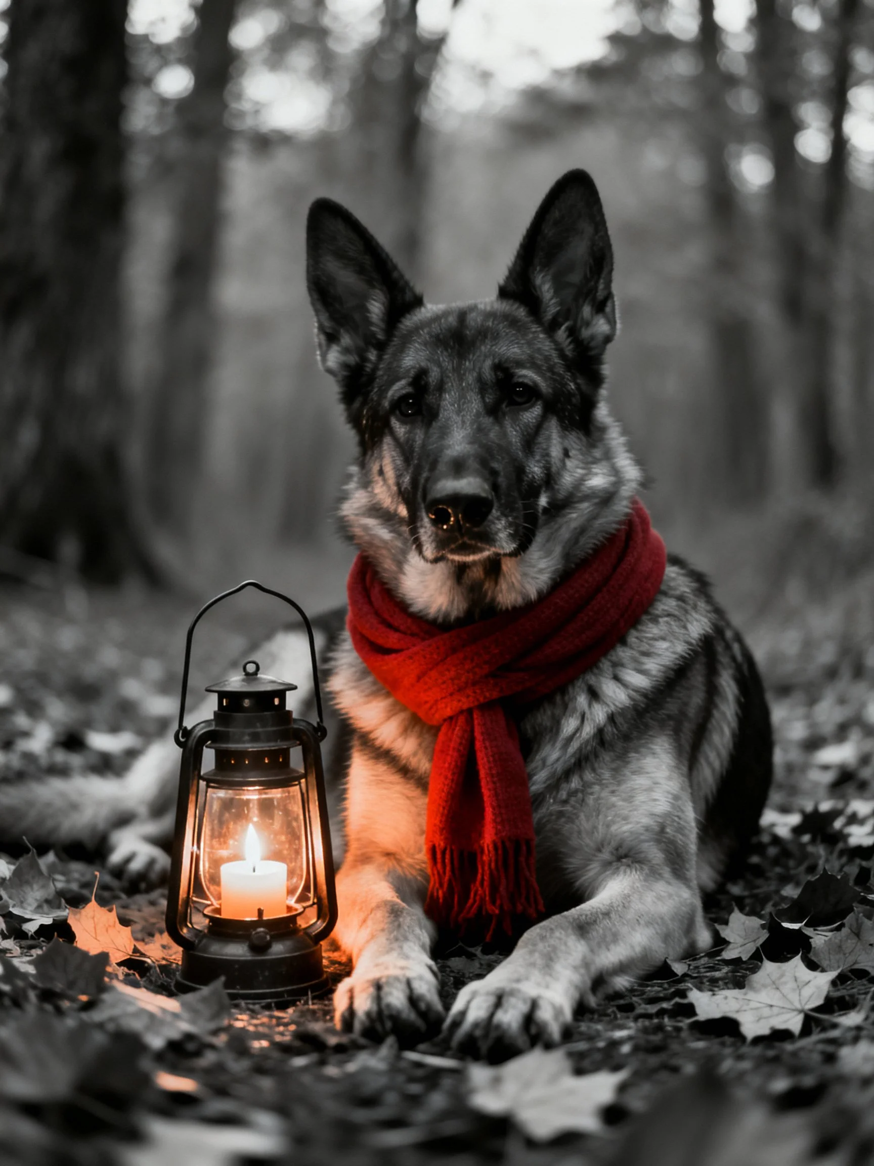 A German Shepherd with red scarf beside a glowing lantern in a forest