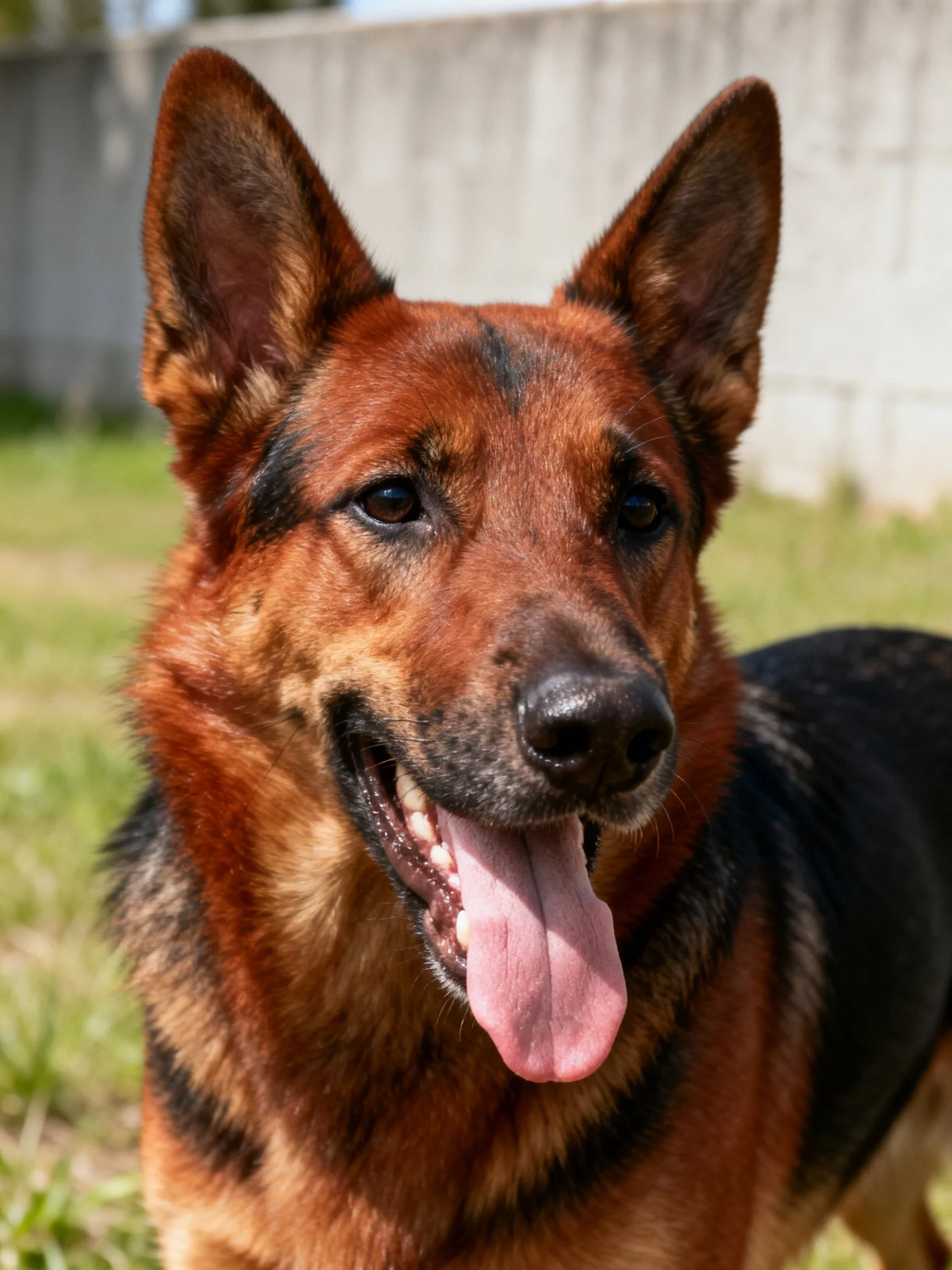 A German Shepherd with reddish-brown and black fur, alert ears, and open mouth