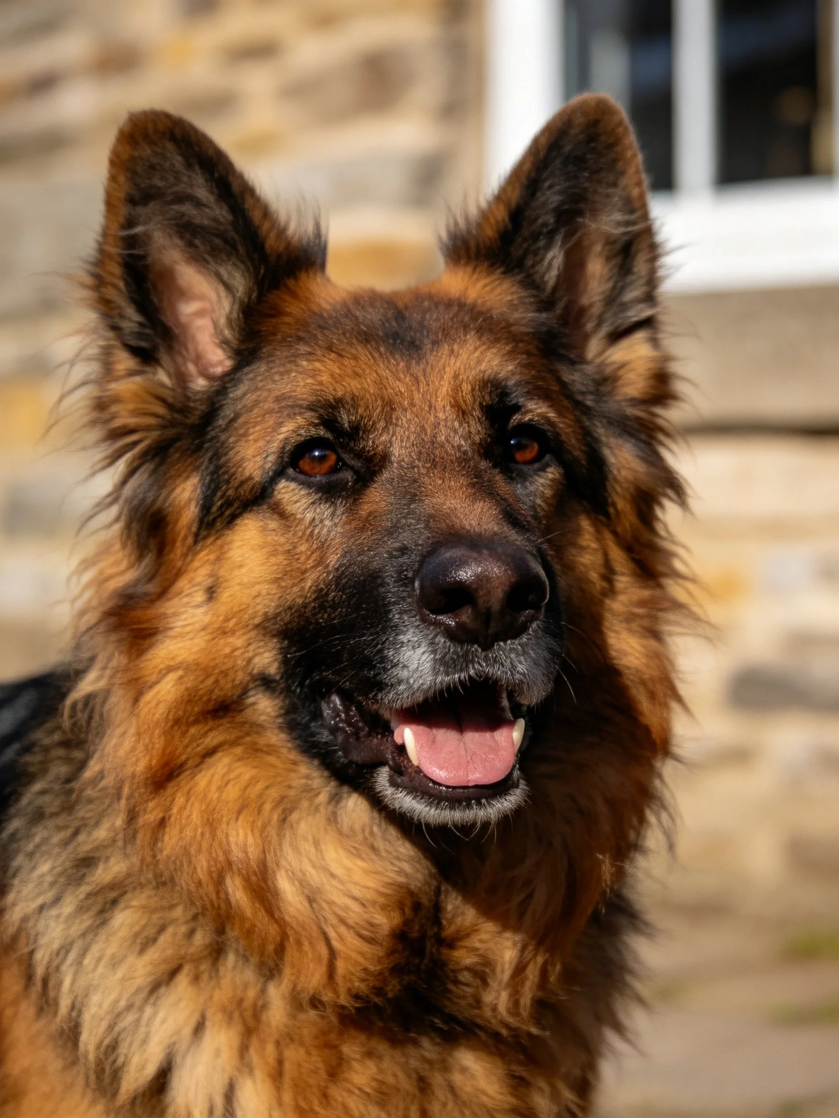 A German Shepherd with shaggy brown and black fur stands near a stone building