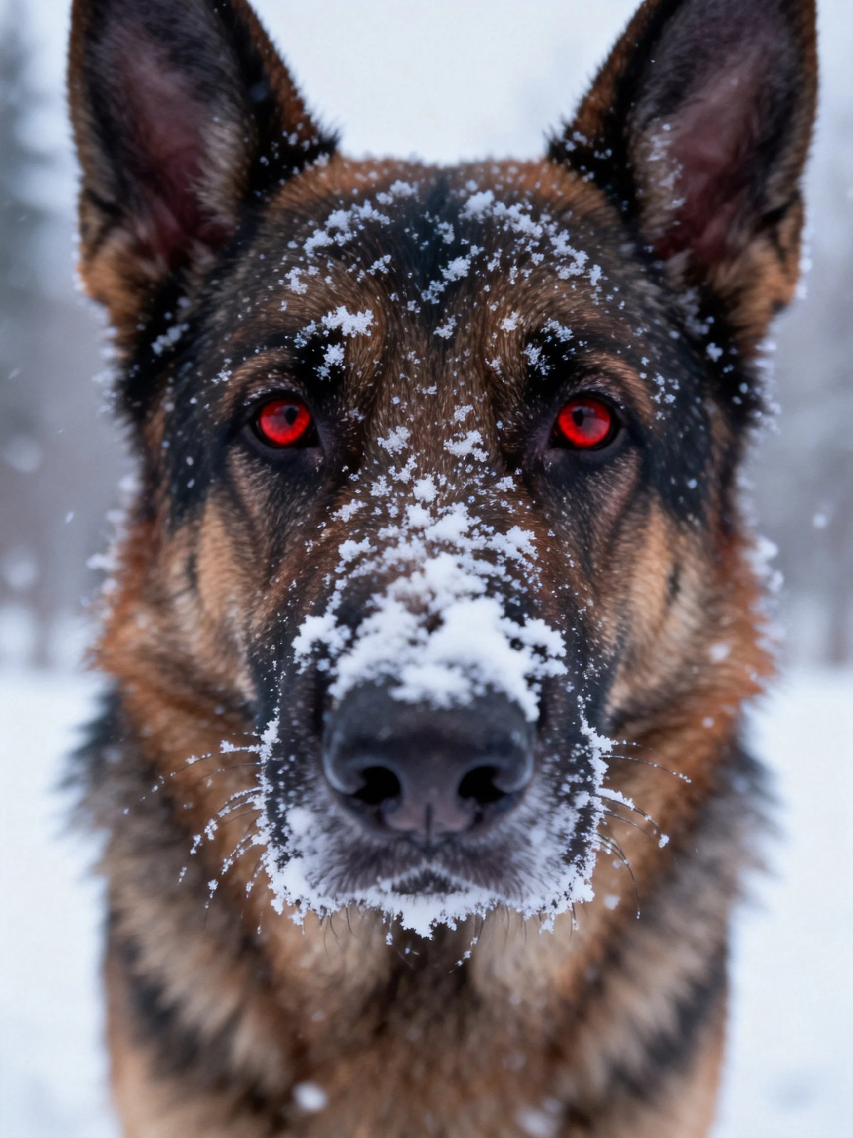 A German Shepherd with snow - covered fur and striking red eyes in a snowy landscape