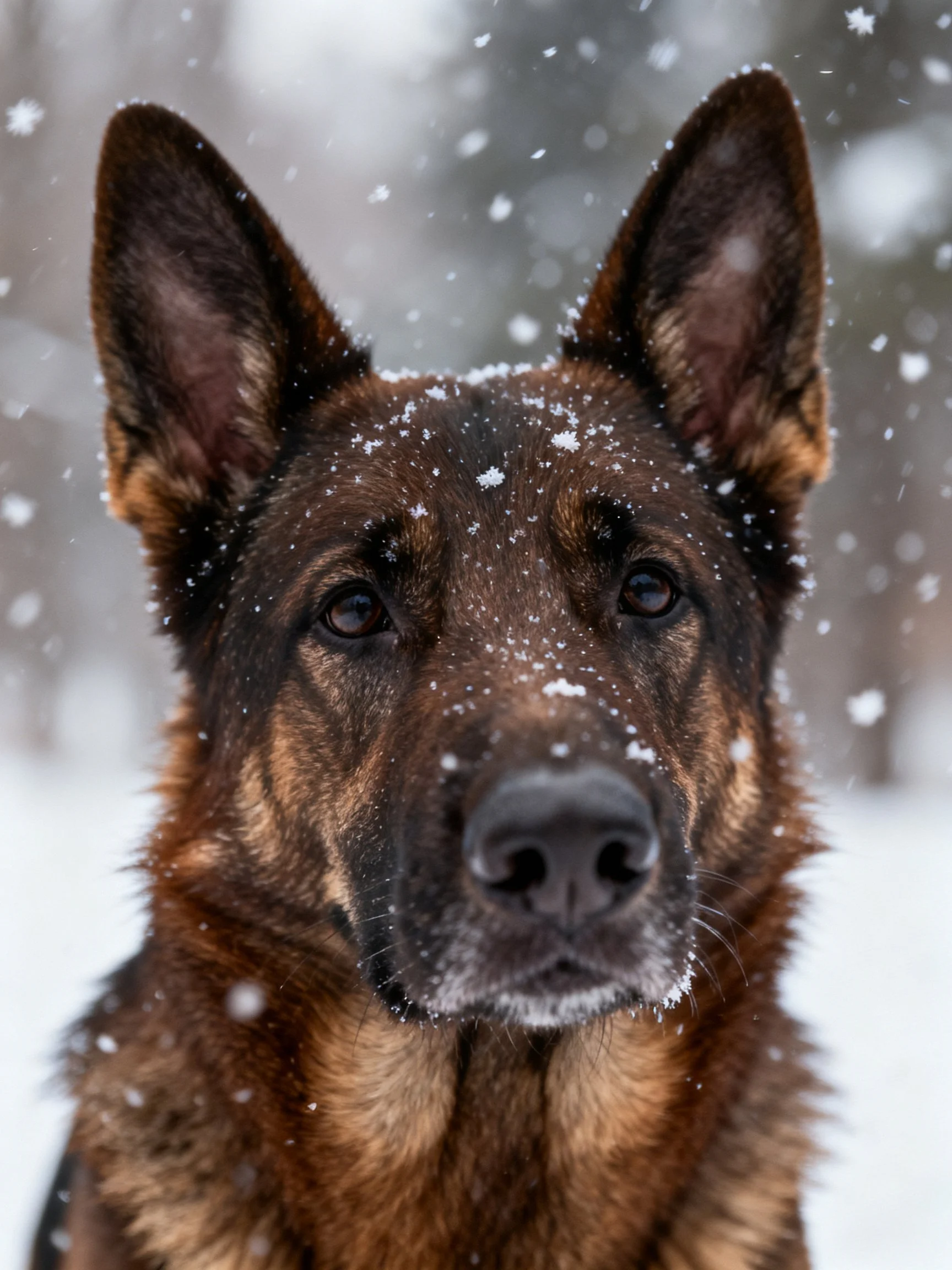 A German Shepherd with snowflakes on its coat in a snowy landscape