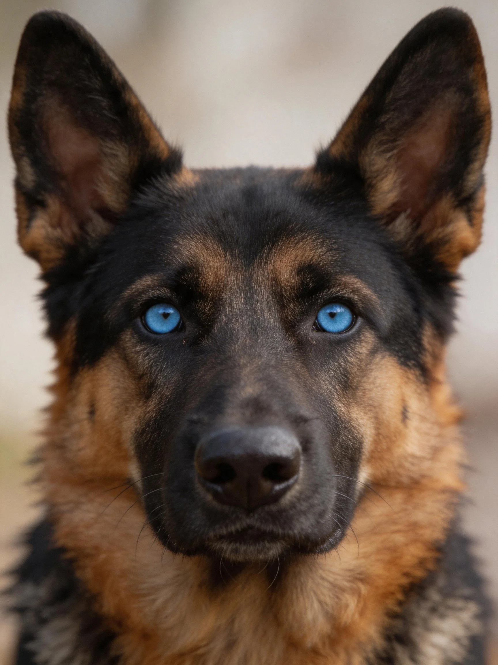 A German Shepherd with striking blue eyes is centered against a blurred backdrop.