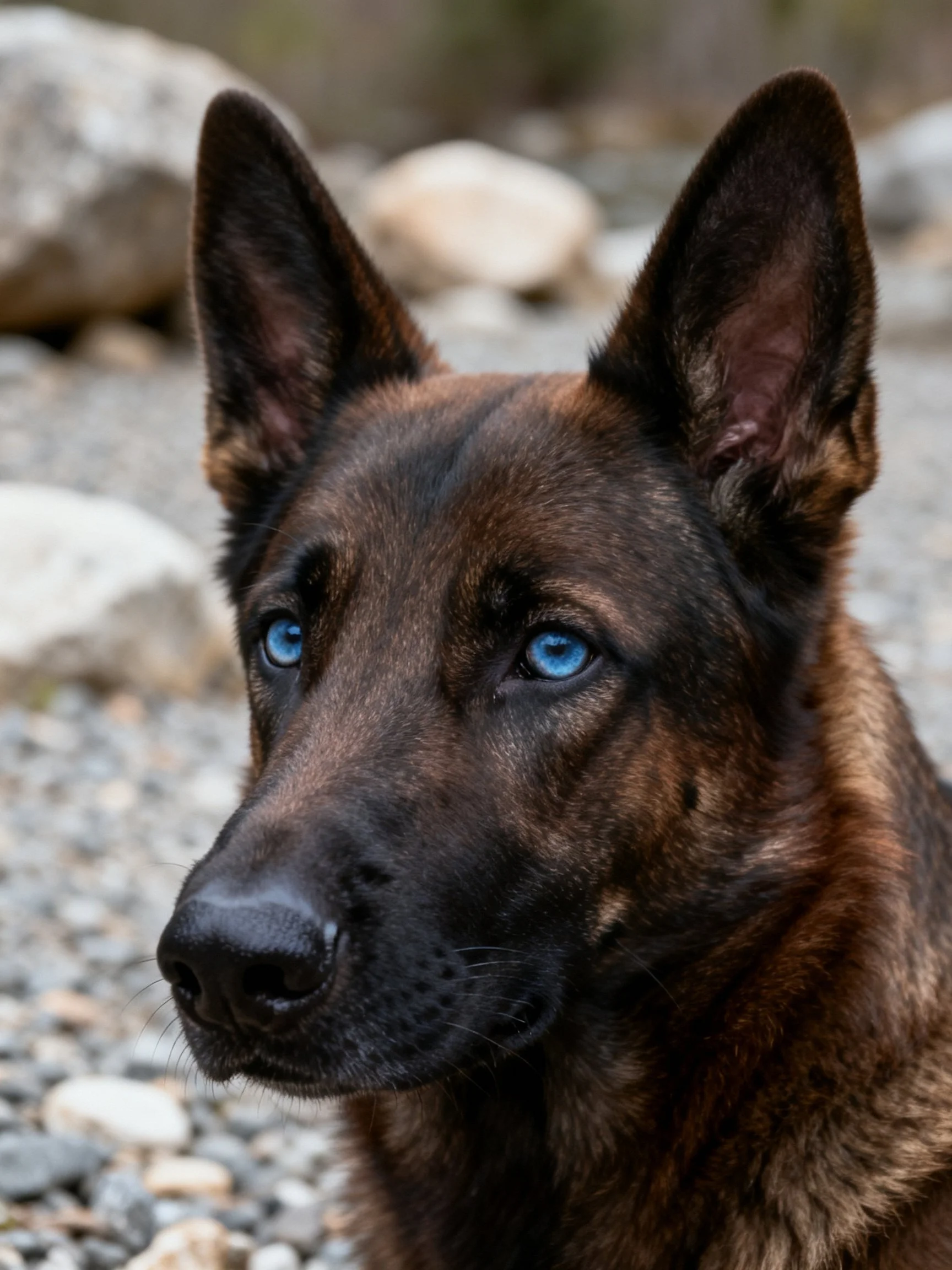 A German Shepherd with blue eyes is shown up close near rocks.