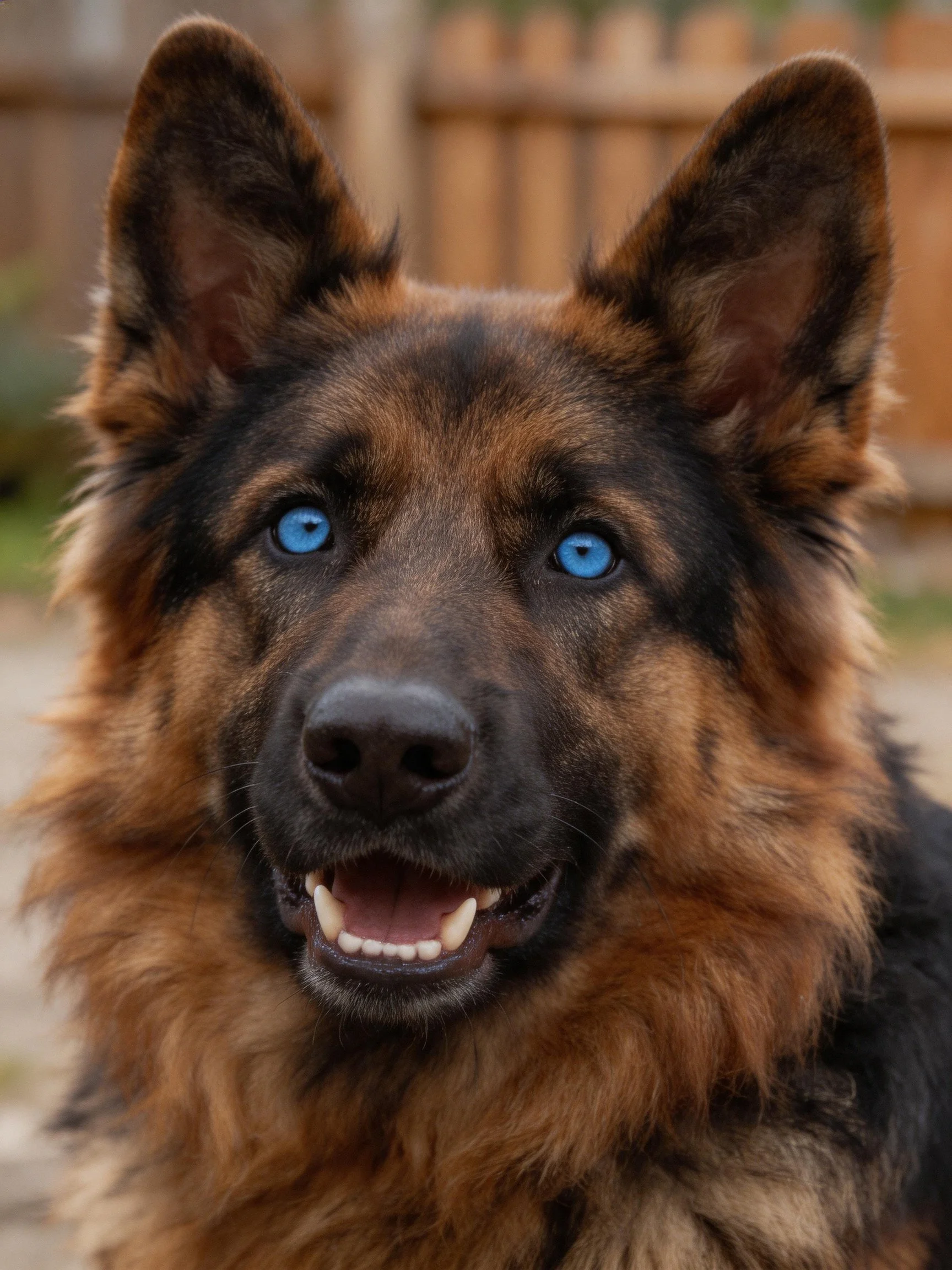A German Shepherd with blue eyes is positioned near a wooden fence outdoors.
