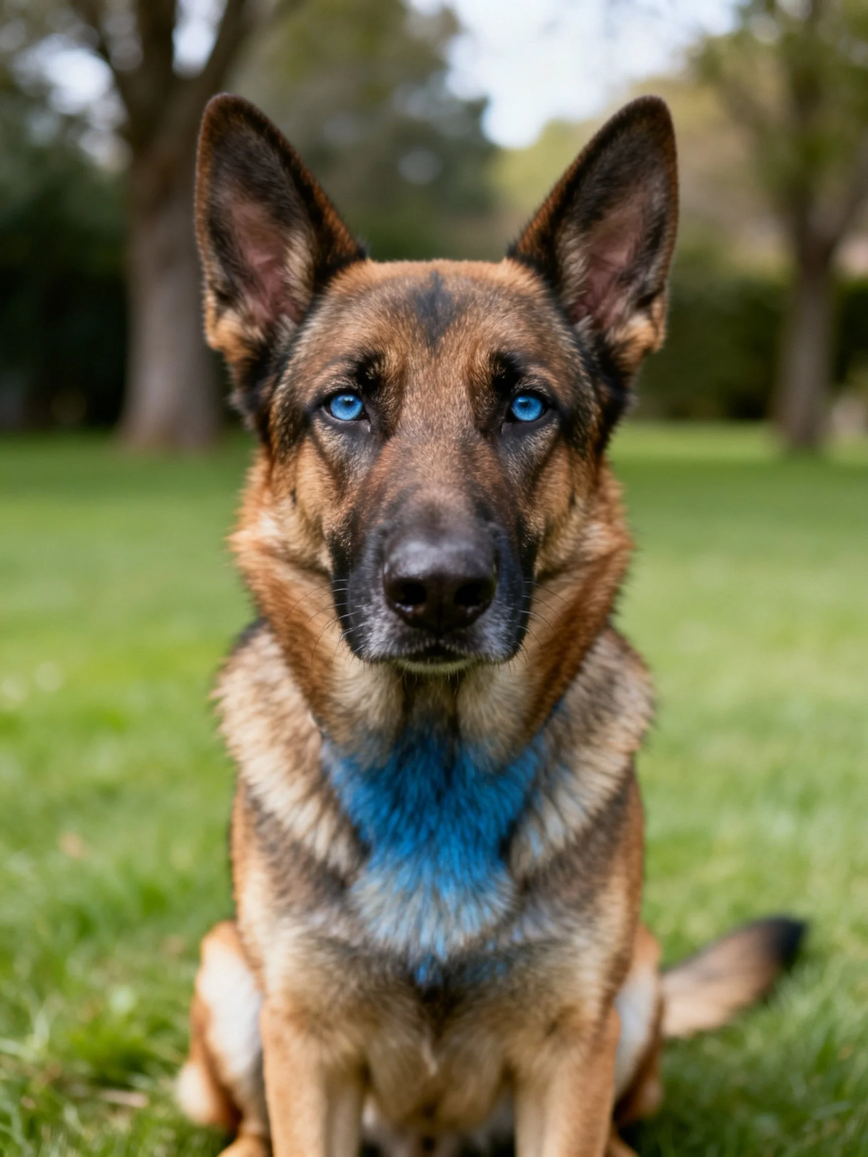 A German Shepherd with blue eyes sits calmly on grass outdoors.