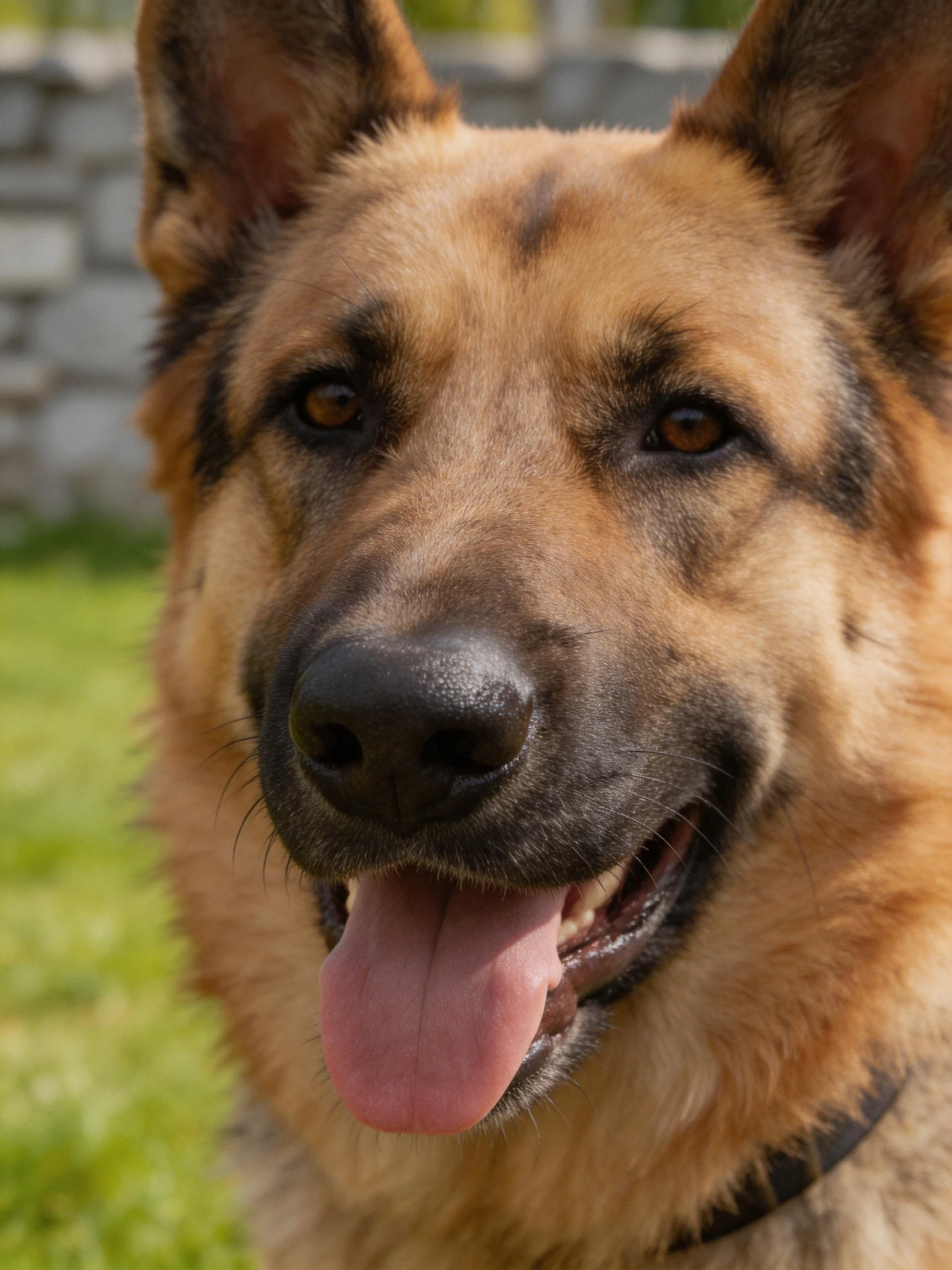 A close - up of a cheerful German Shepherd with tan and black fur