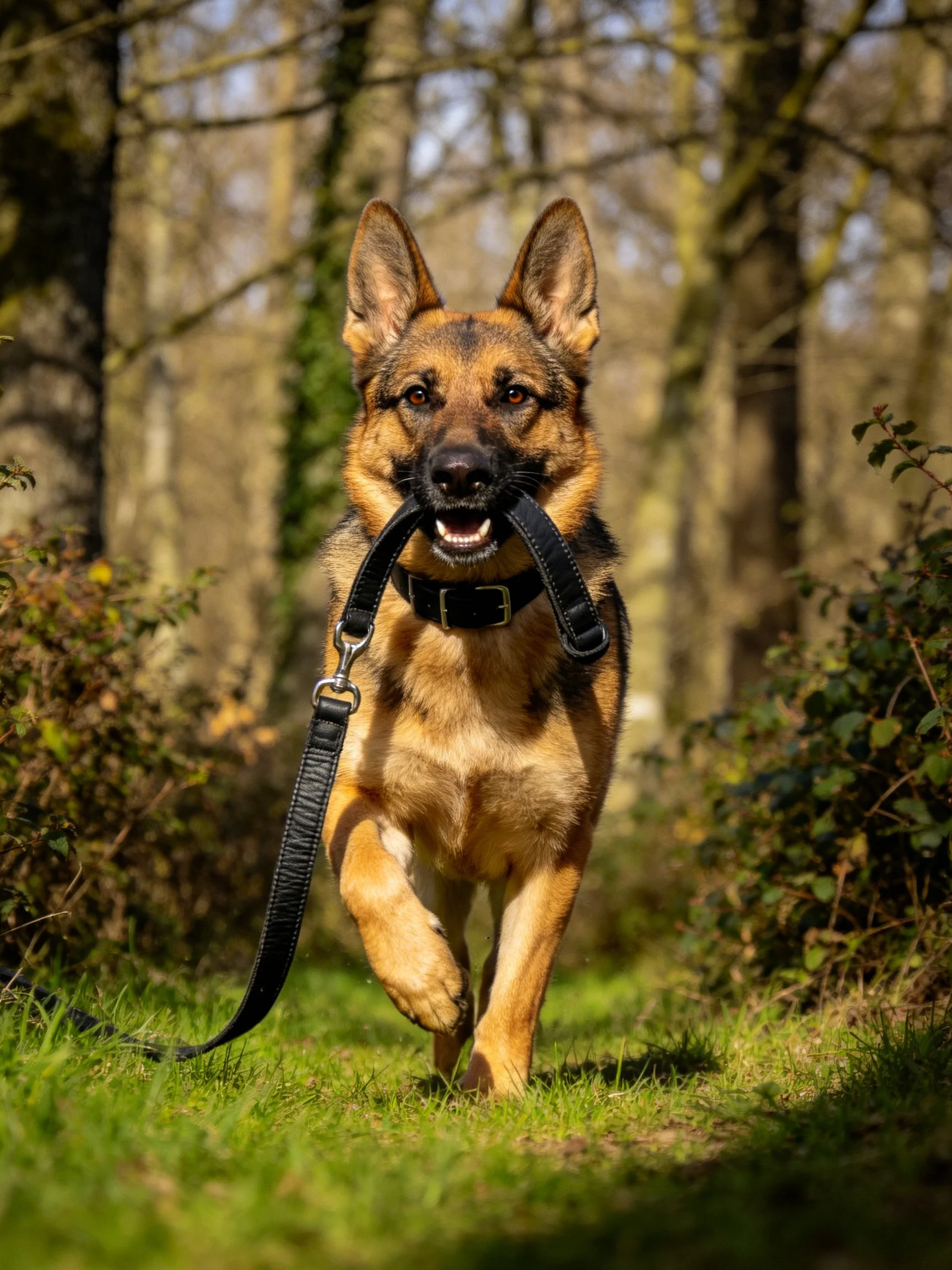 A German Shepherd walks through a sunlit forest while carrying a black leash