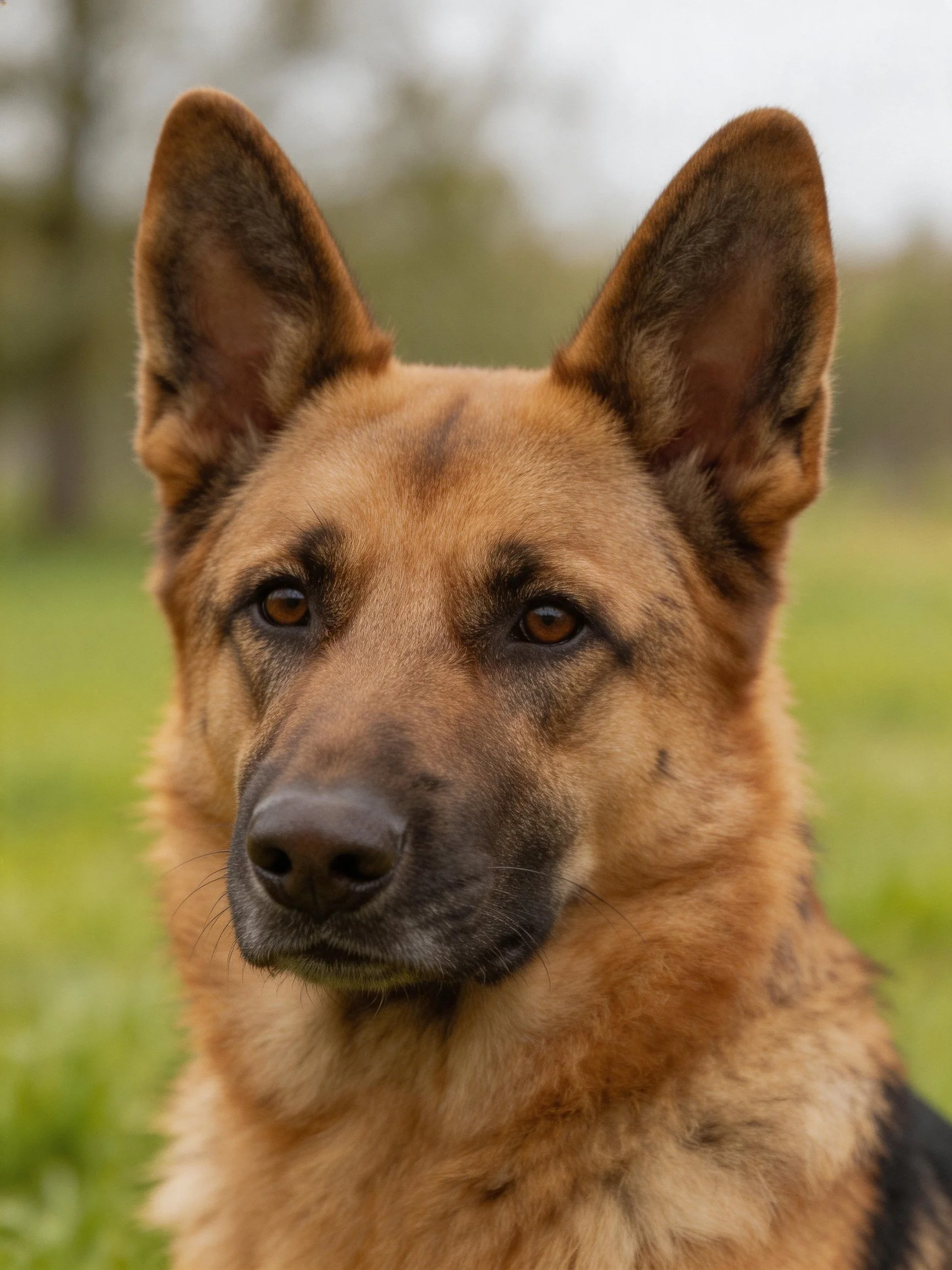 A German Shepherd stands alert in a grassy outdoor setting.