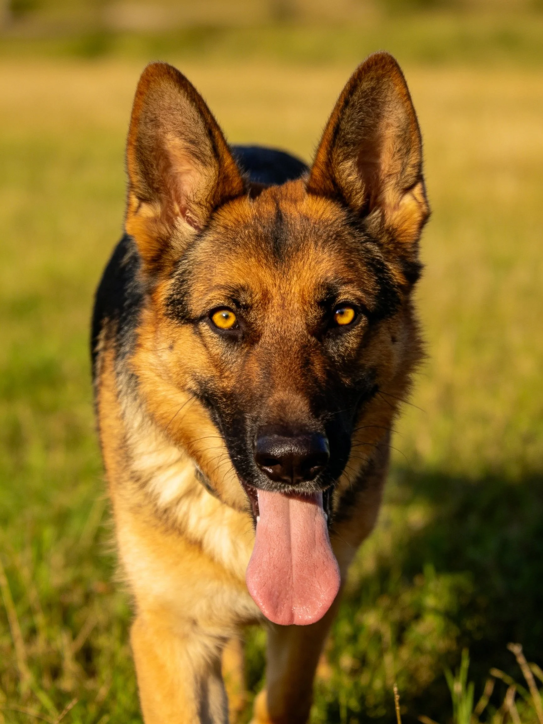 A German Shepherd walks toward the camera in a sunlit grassy area.
