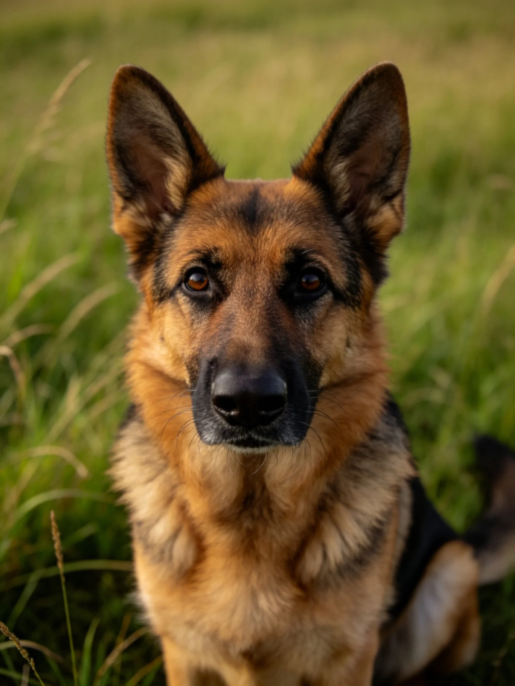 A German Shepherd sits calmly among tall green grass outdoors.