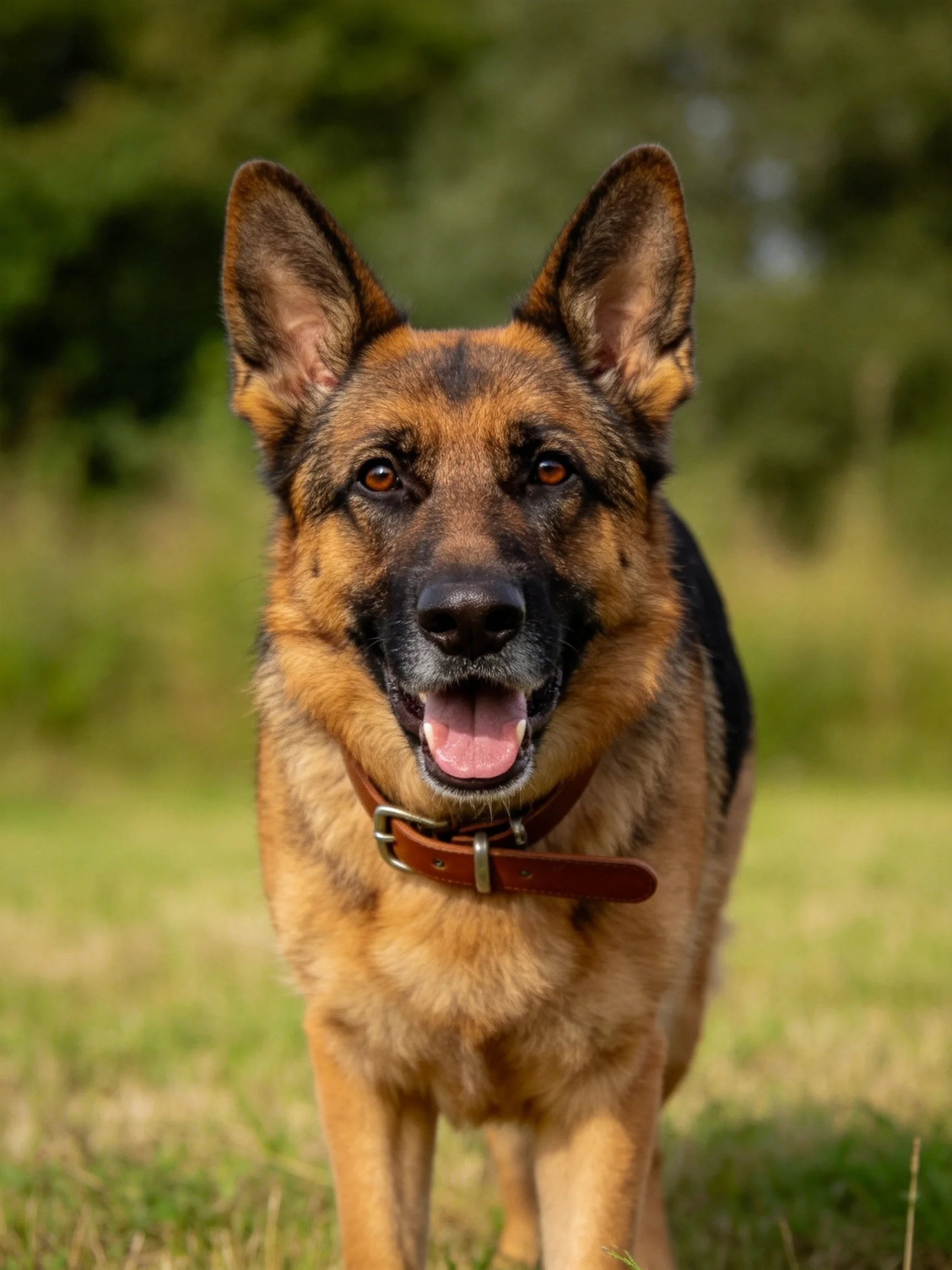 A German Shepherd stands attentively in a sunlit grassy area.